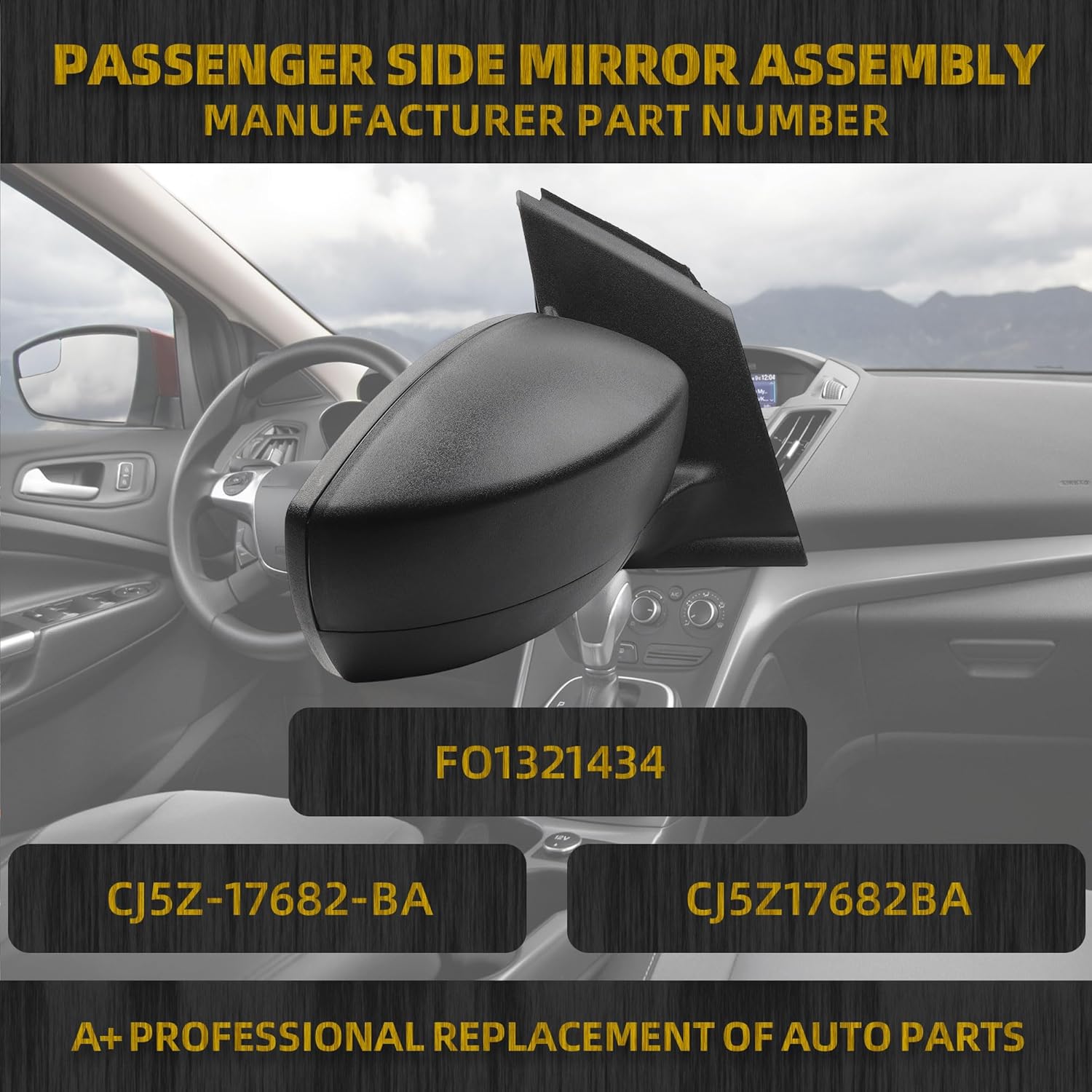 Dasbecan 3Pins Passenger Right Side Mirror Assembly Compatible with 2013-2016 Ford Escape S With Power Adjustment Glass/Manual Folding/Blindspot Mirror Matte Black Cover Replace# FO1321434