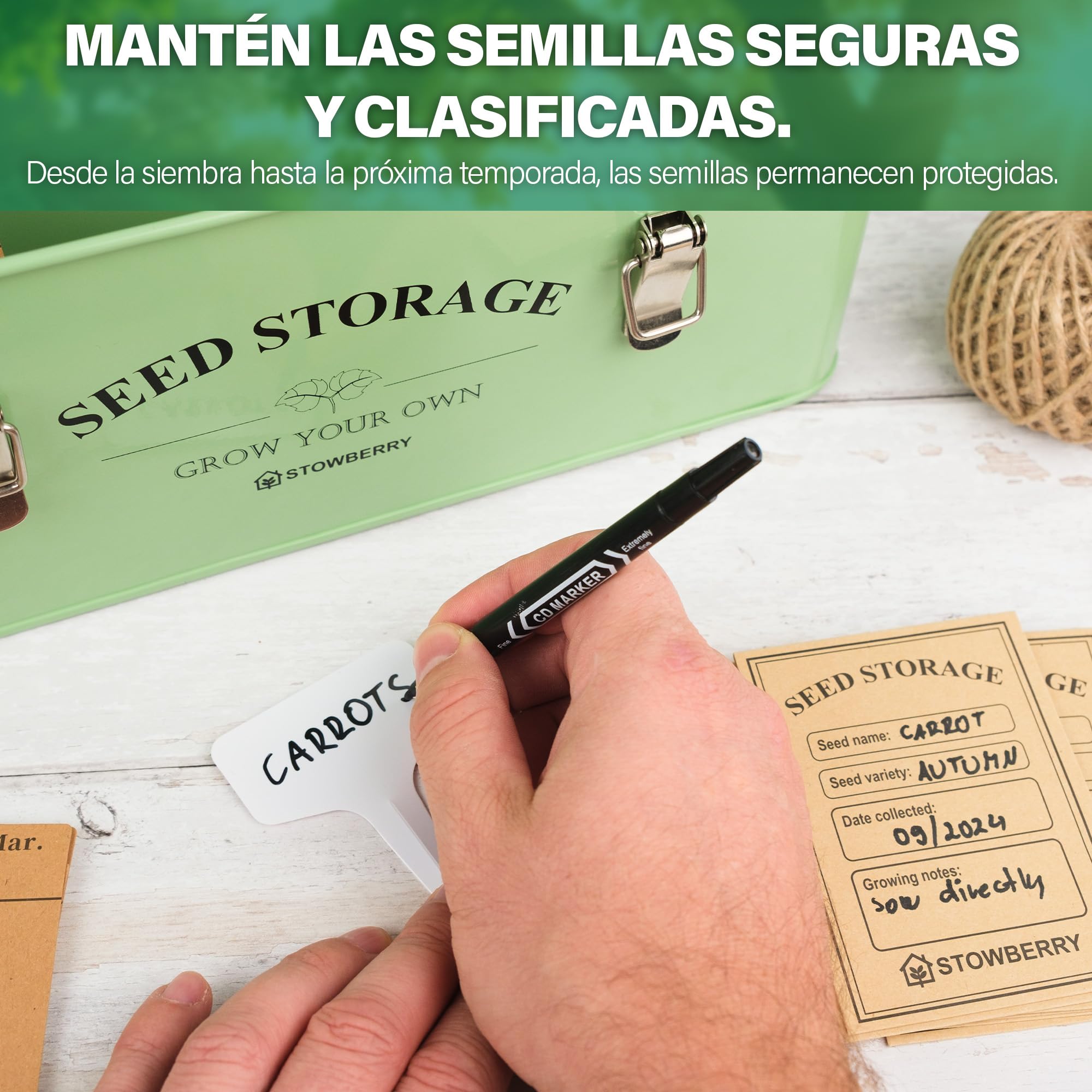 Caja organizadora para almacenar semillas: lata con tapa, asas y 4 compartimentos – Ideal para guardar paquetes de semillas. Regalo de jardinería con más de 200 accesorios.