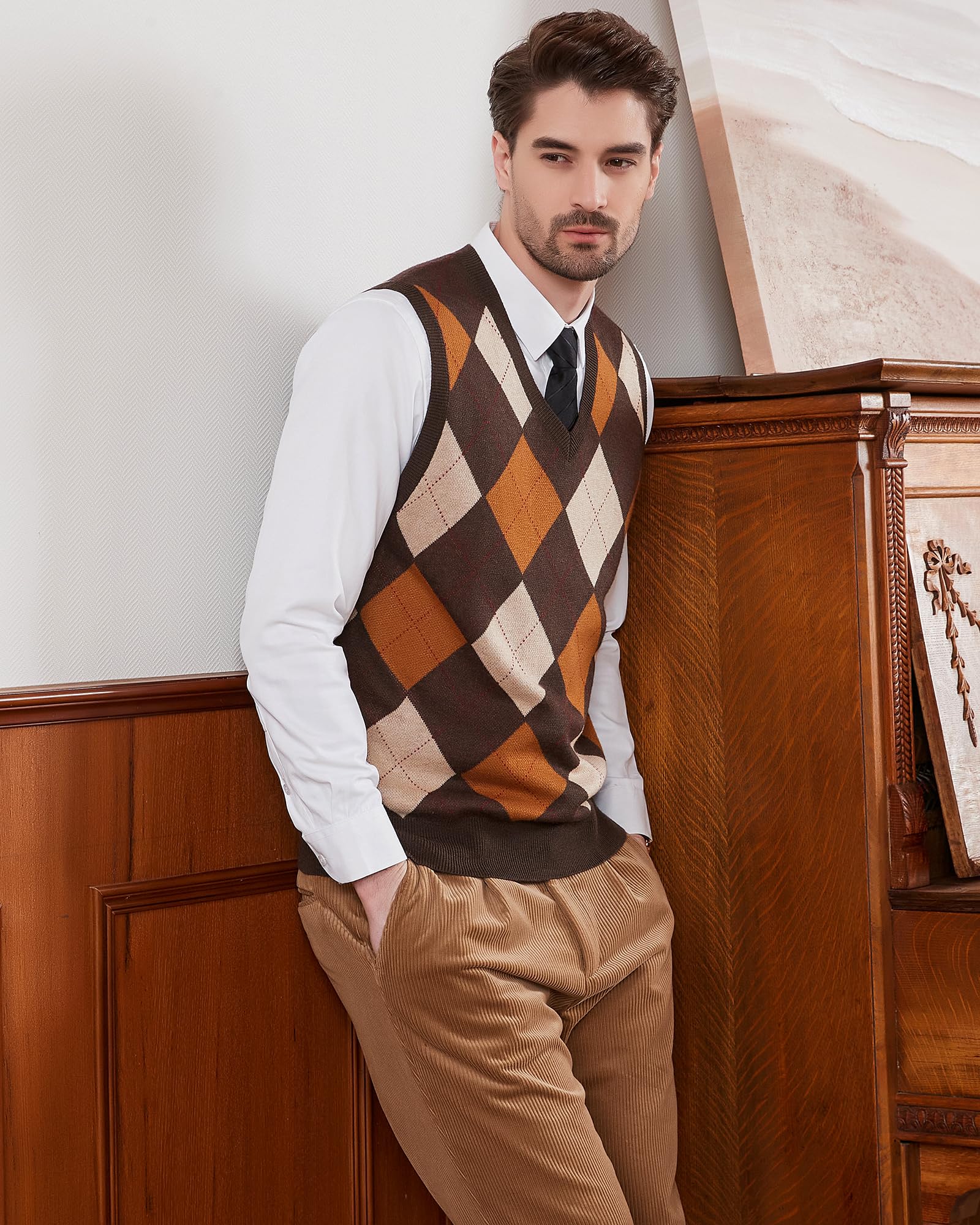 Kallspin Hommes Pull sans Manches Argyle Laine mélangée Gilets tricotés Pull à col en V Gilet Pullover