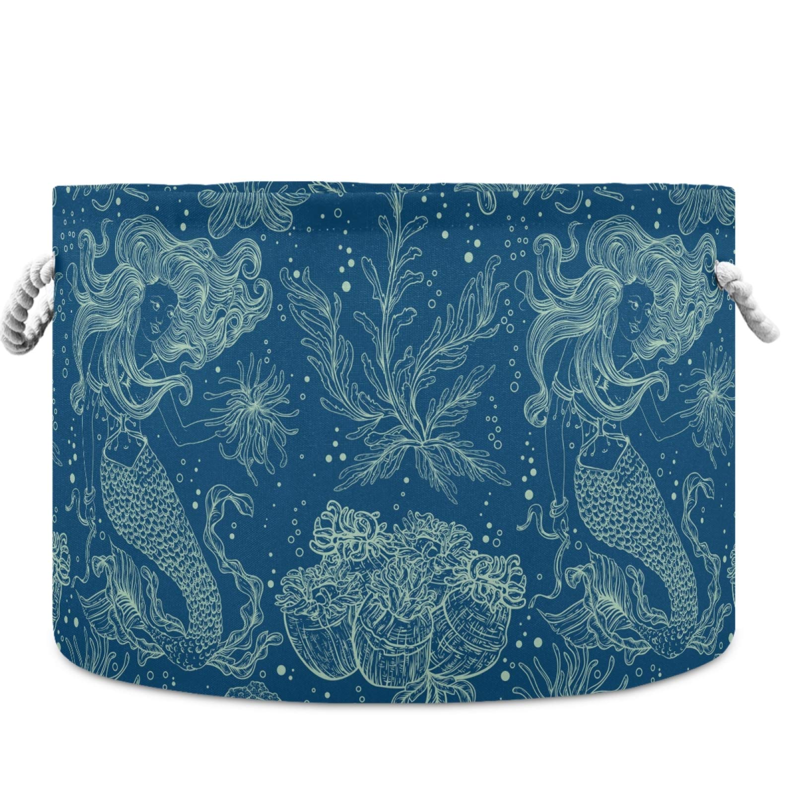 visesunny Collapsible Large Capacity Basket Mermaid Fish Clothes Toy Storage Hamper with Durable Cotton Handles Home Organizer Solution for Bathroom, Bedroom, Nursery, Laundry,Closet
