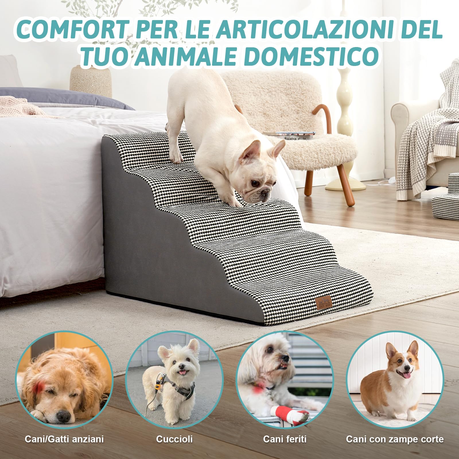 COZY KISS Scale per Cani Larghe, Gradini per Animali Domestici con Copertura a Tenuta Stagna (Bianco e nero, 50x83x57cm, 5.0)