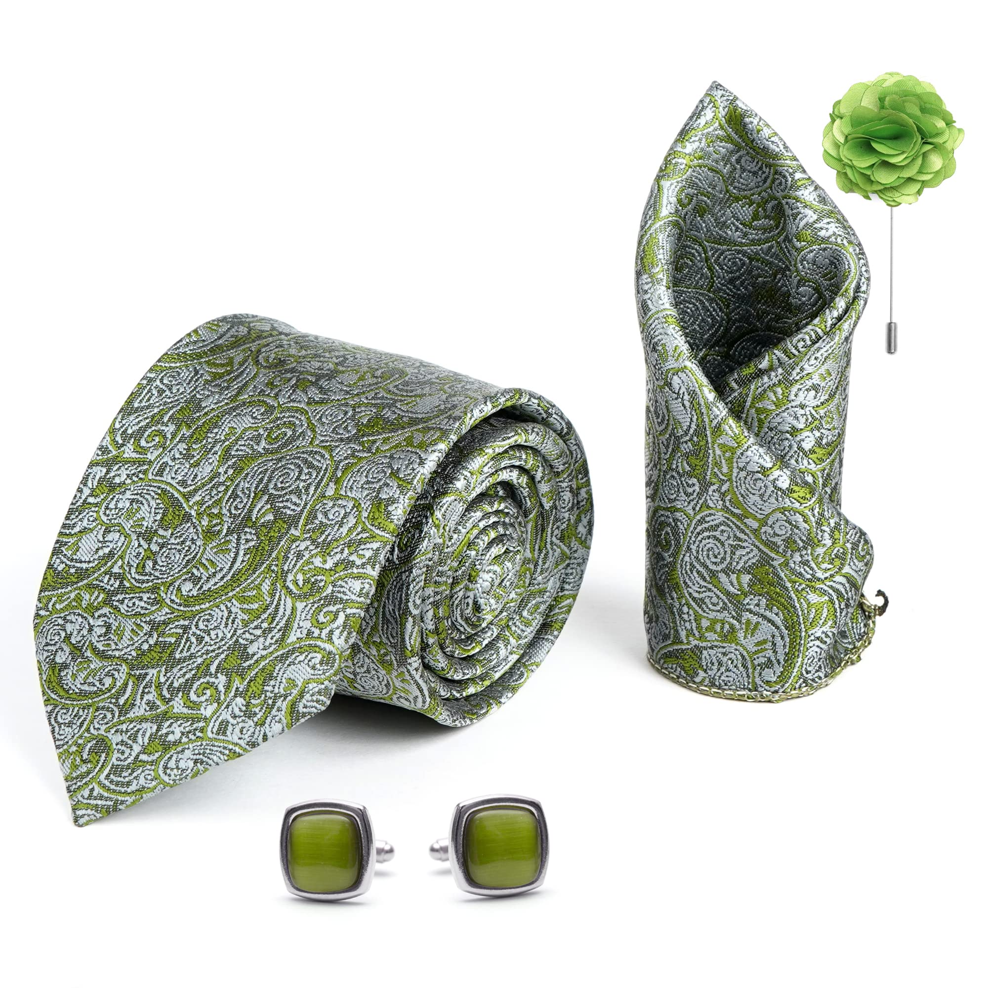 axlon Mens Plaid Pasiley Silk Necktie Gift Set With Pocket Square Cufflinks & Brooch Pin Tie For Men Formal With Leatherite Box (PARRX Free Size) | (Leather Gift Box) (Pack of 4)-picture-38