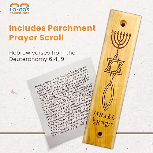 Miniatura 10 de Mezuzá de madera de olivo con pergamino, shema, rollo de torá y menorá, hecha en Israel, decoración religiosa del hogar para puerta y pared, incluye