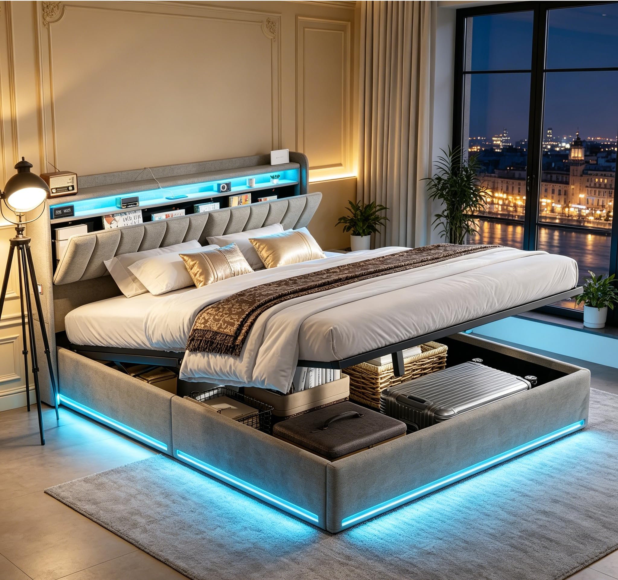Letto Matrimoniale con Contenitore 160x200 cm,Letto Imbottito con LED e USB,Testiera con Funzione di Stoccaggio,Letto Baule 160 x 200 con Idraulico e Rete a Doghe,Velluto,Grigio