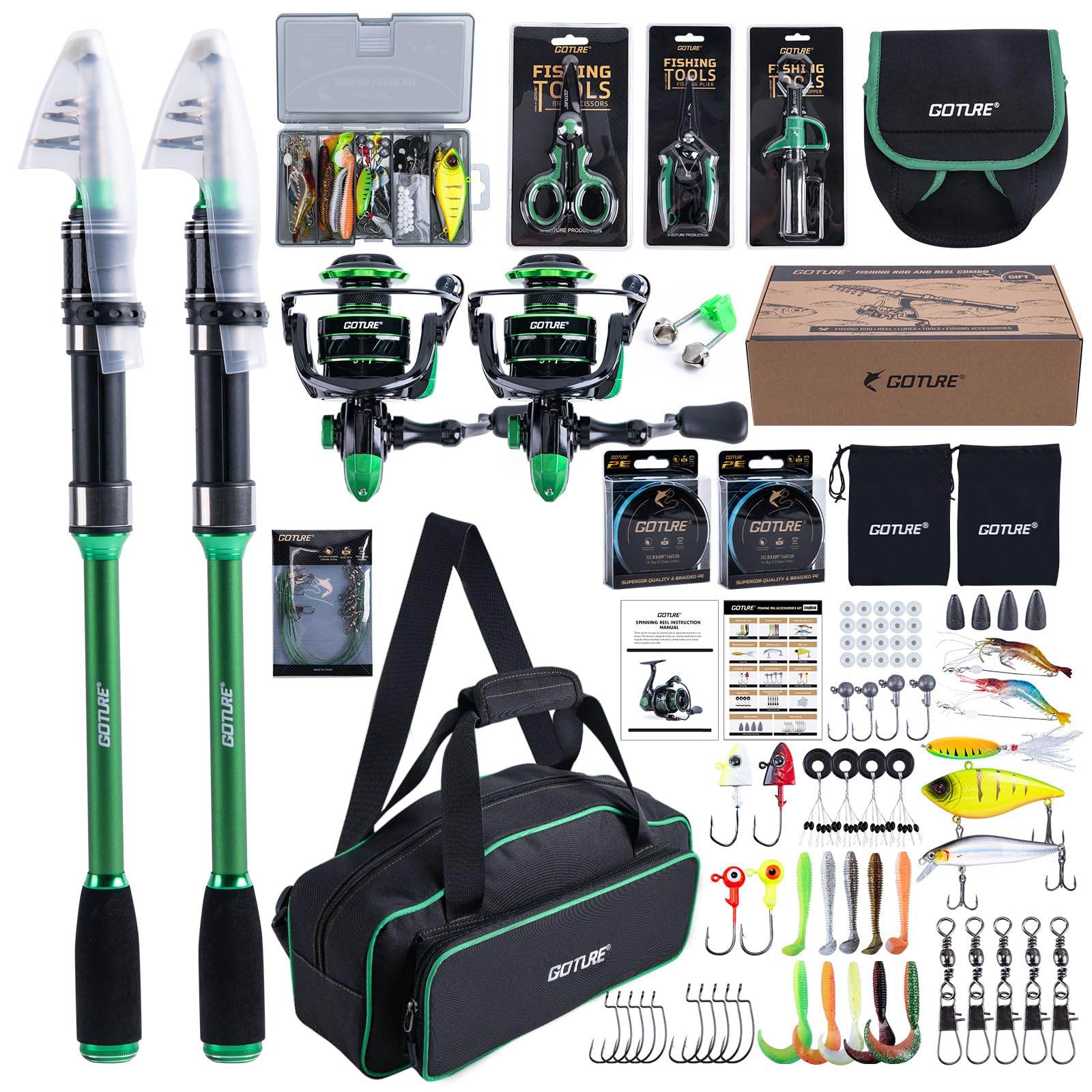 – Goture Fishing Rod and Reel Combos with Carrier Bag, Green/Pink Telescopic Pole Spinning Reel Lures Set, Telescopic Fishing Rod Fishing Kit for Travel Saltwater Freshwater