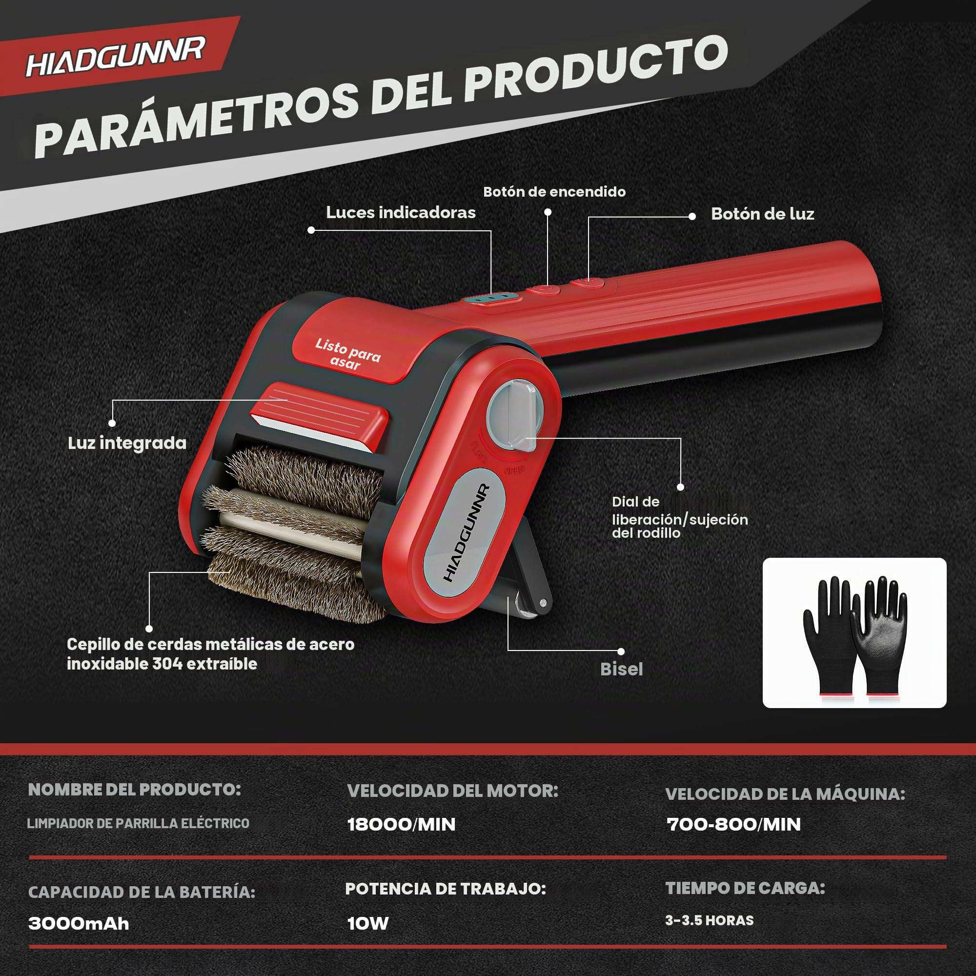 Cepillo eléctrico para parrilla, limpiador de parrilla con luz LED, cerdas de acero inoxidable de 700-800 rpm, cabezal de cepillo extraíble 304, herramienta de limpieza de parrilla recargable