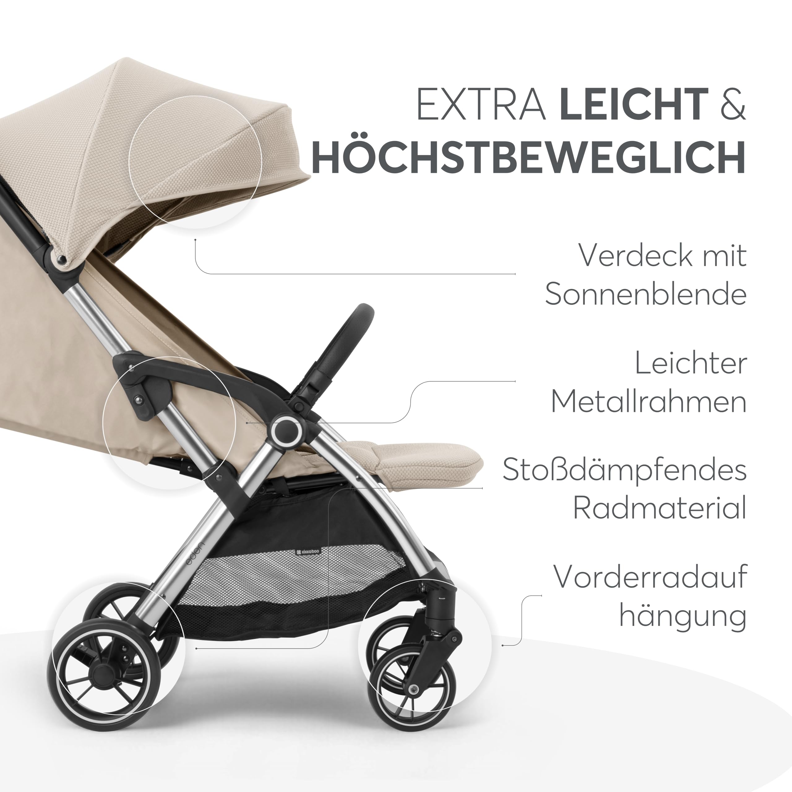KikkaBoo Buggy EDEN Kinderwagen Reisebuggy, Bis 22 kg, Leicht 7,1 kg, Kompakt One-Hand-Faltbar, Inkl. Regenschutz, Beige