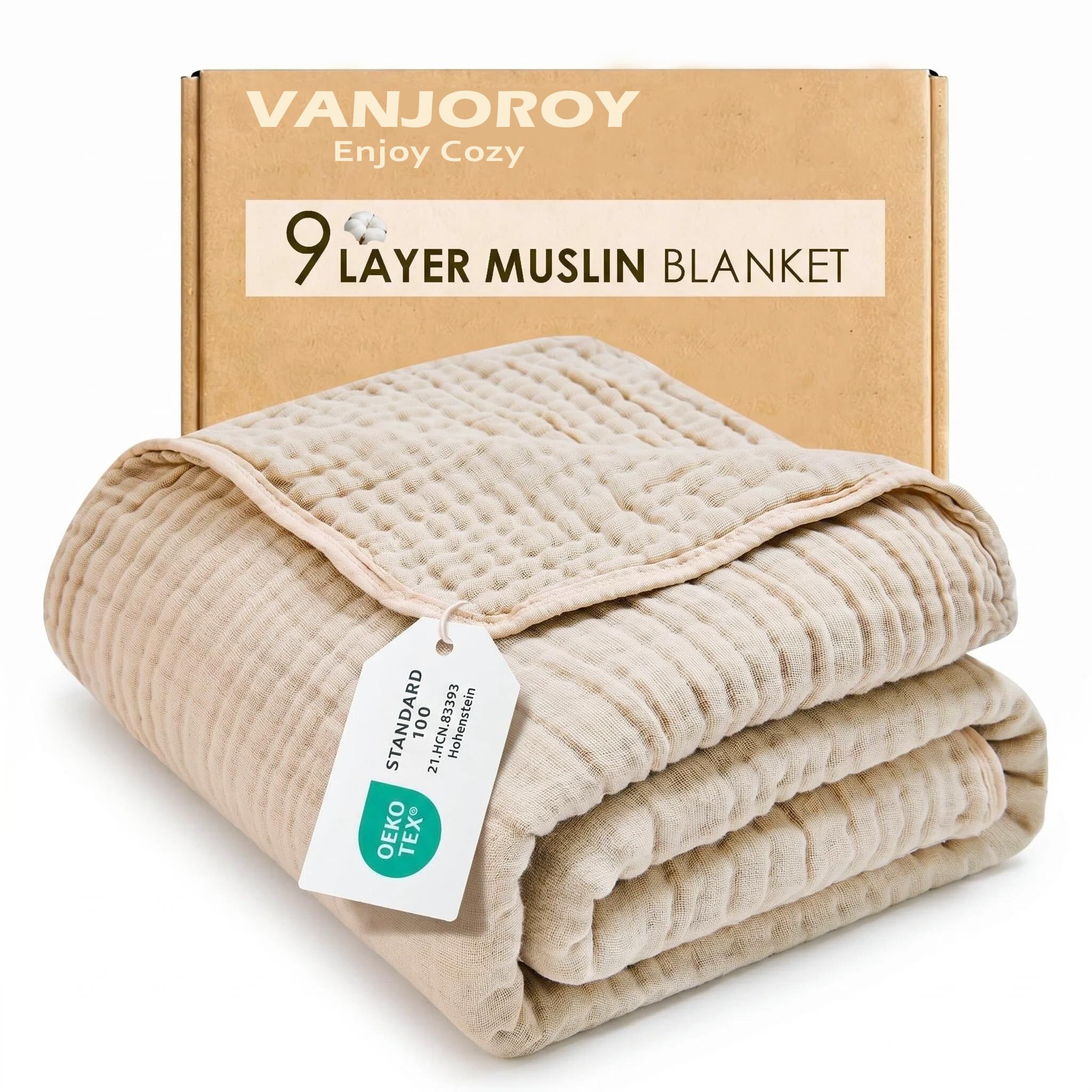 VANJOROY Muslin Throw Blanket for Adults, 100% Cotton 9-Layer 50x70, Beige