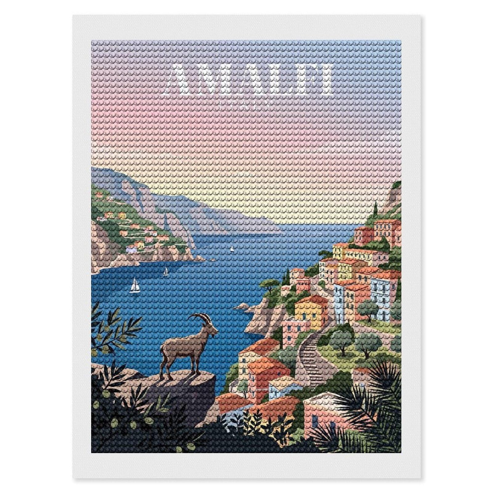 Junmoney Amalfi Coastline Diamond Art Kit 12"x16", Vintage Style Decor, Stress Relief Craft, Decor Project, Relaxing DIY, Creative Hobby