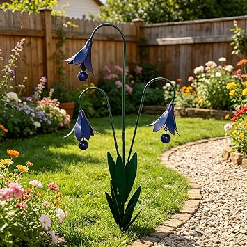 Triple Bluebells Garden Stake Wind Chime Metal Outdoor Yard Decor | Vintage copper style metal flower design, wind chime feature, suitable for patio, lawn and garden decoration