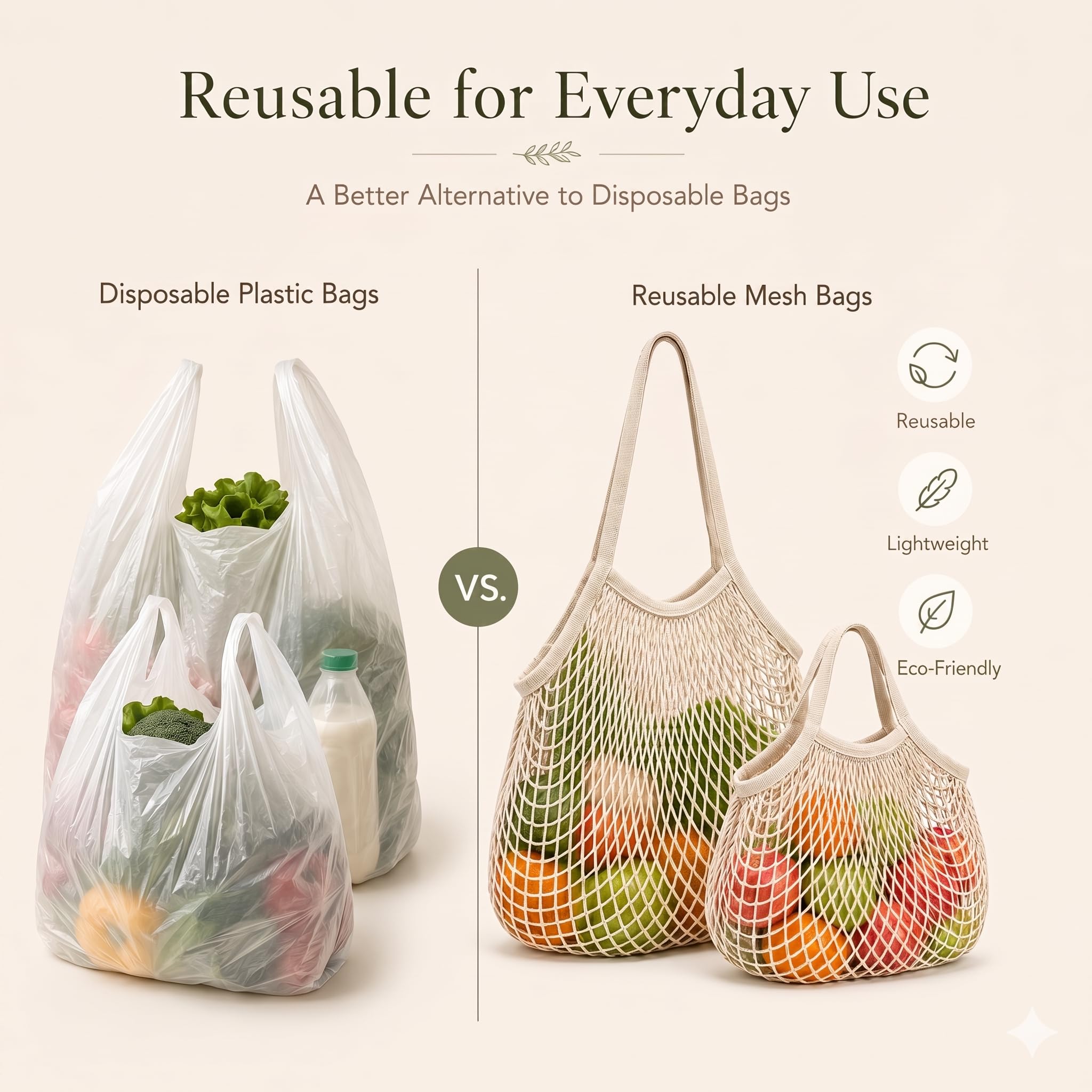 Sacs Filet Réutilisables Lot de 2, Grand Sac Anses Longues et Petit Sac Anses Courtes, Pliable pour Fruits Légumes Pain Plage