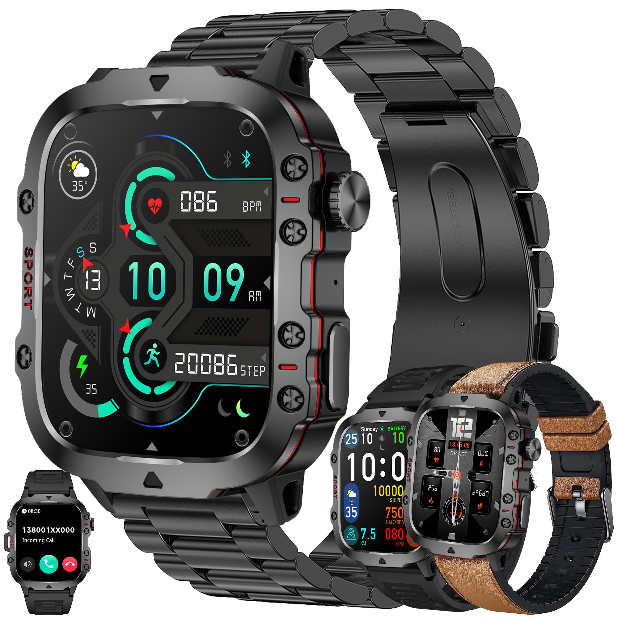Montre Connectée Homme avec Appels Bluetooth, 1,96'' Smartwatch Diamond avec 100+ Modes Sportifs/SpO2/Fonction Féminine/Lecteur de Musique/Fréquence Cardiaque/Sommeil/pour Android iOS (Brun)