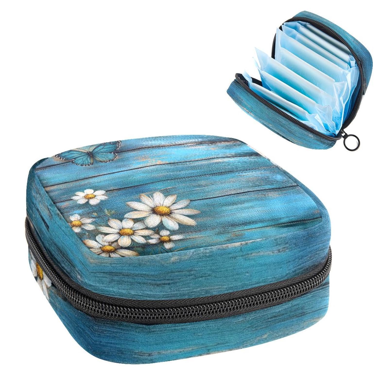1Pc Period Bag for Women, Menstrual Pad Pouch for School Office, Reusable Sanitary Napkin Storage Bag Portable Feminine Period Kit Bag Daisy Flowers and Butterfly on Country Wooden Turquoise Blue