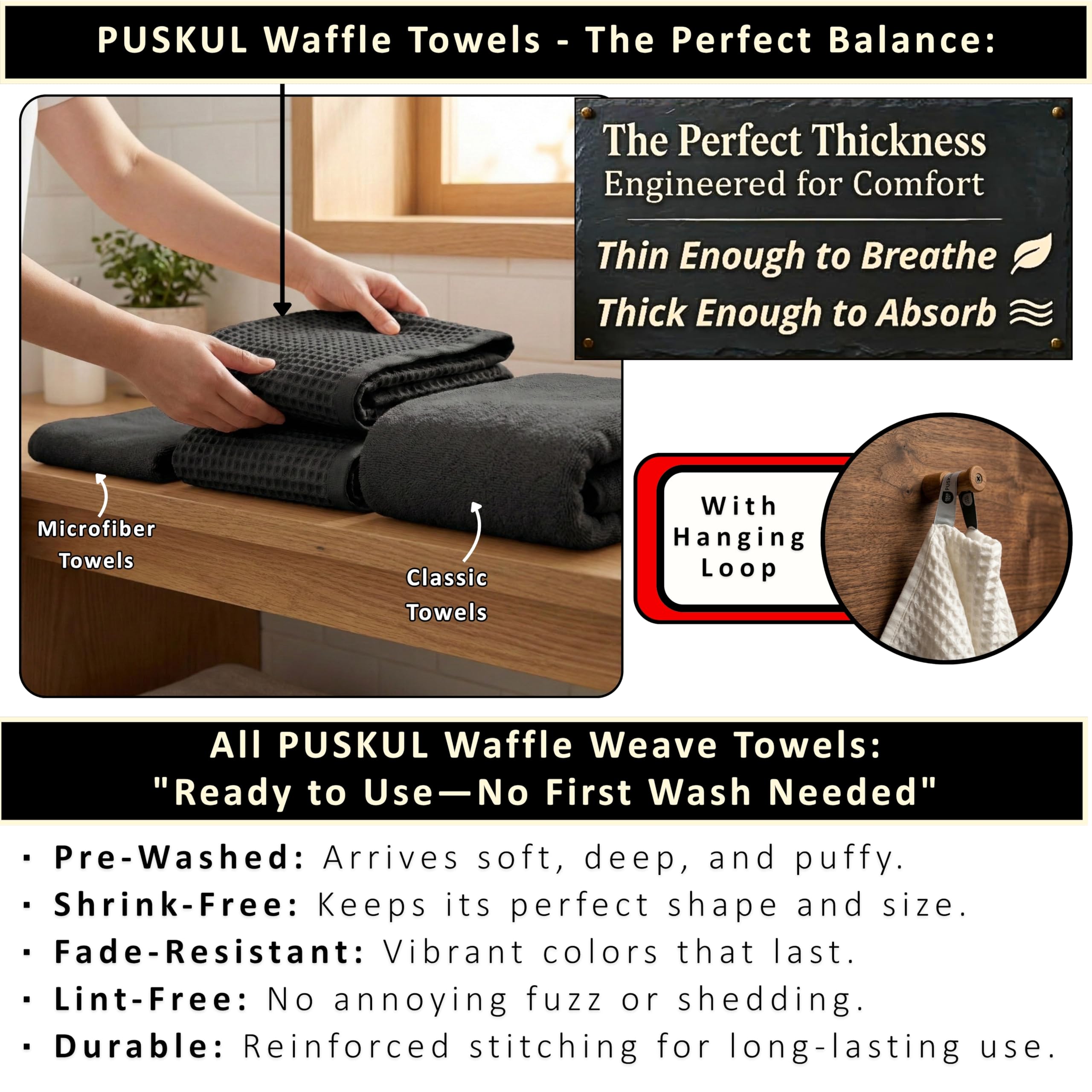 PÜSKÜL Badetücher aus 100 % türkischer Baumwolle, Waffelmuster, 2er-Set, extra groß | Schwarzes, übergroßes Badetuch für Bad und Strand. Waben-Waffelgewebe, hochwertiges Öko-Tex, hergestellt in der Türkei.