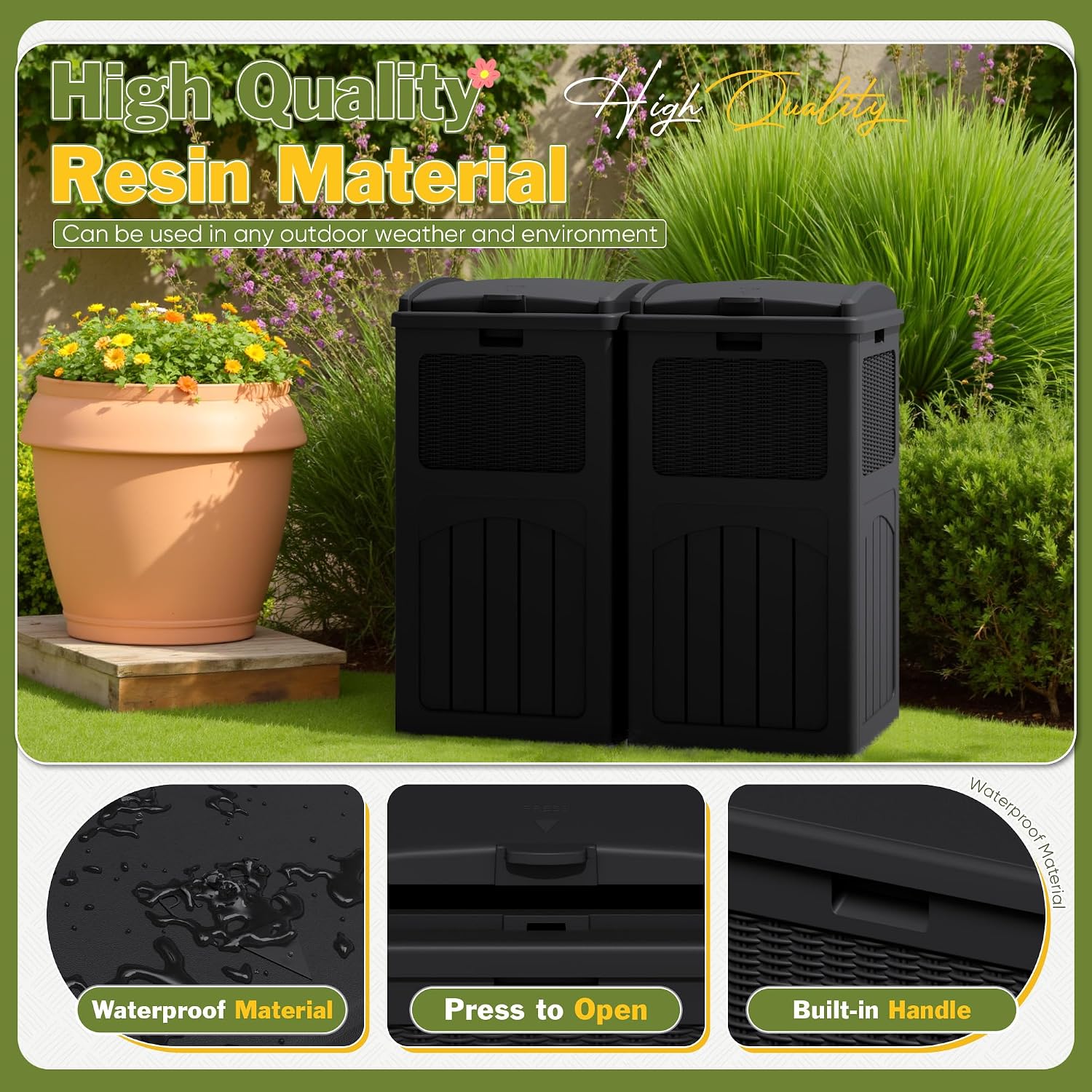 Greesum 33 Gallon Outdoor Trash Can with Lid, Waterproof Resin Garbage Bin for Hideaway, Deck, Patio, 2 Pack, Black
