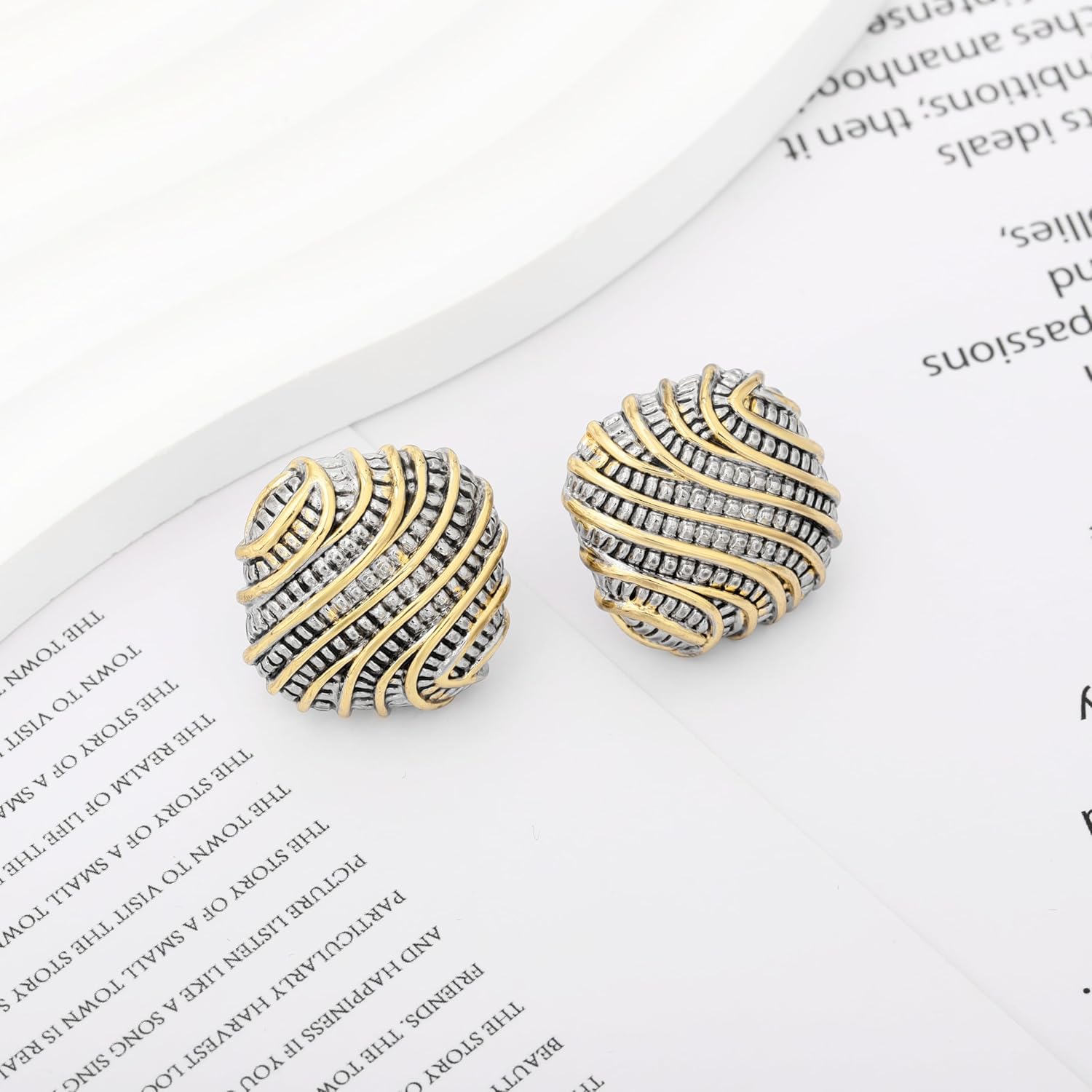 Stud Earrings for Women Vintage Two Tone Square Statement Studs Mixed Metal Earrings Jewelry Gifts - Image 4