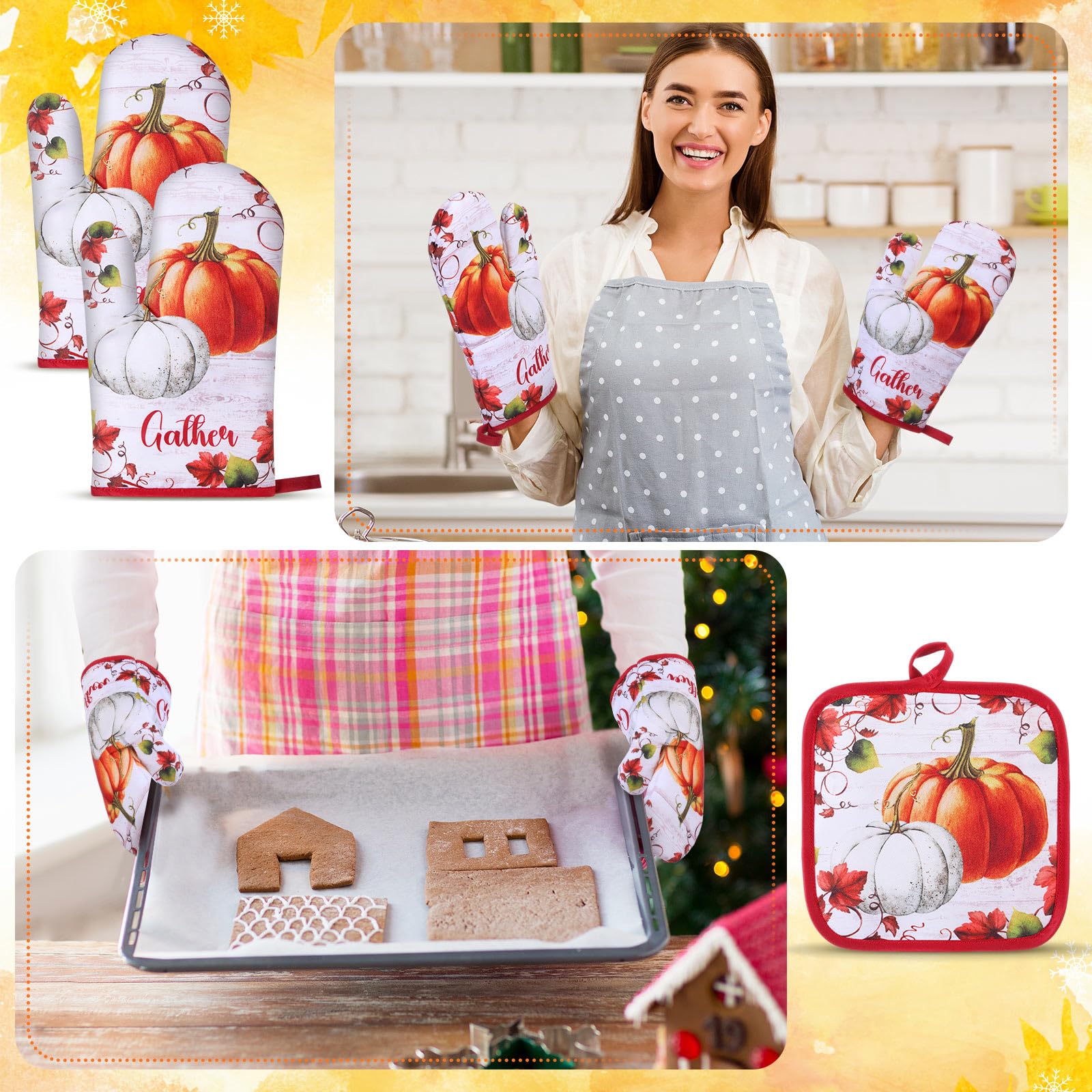 Juego de 6 accesorios de cocina de otoño, incluyendo paños de cocina de calabaza, guantes de horno, soportes para ollas, cosecha, hojas de arce, regalos para otoño, otoño, Acción de Gracias 4