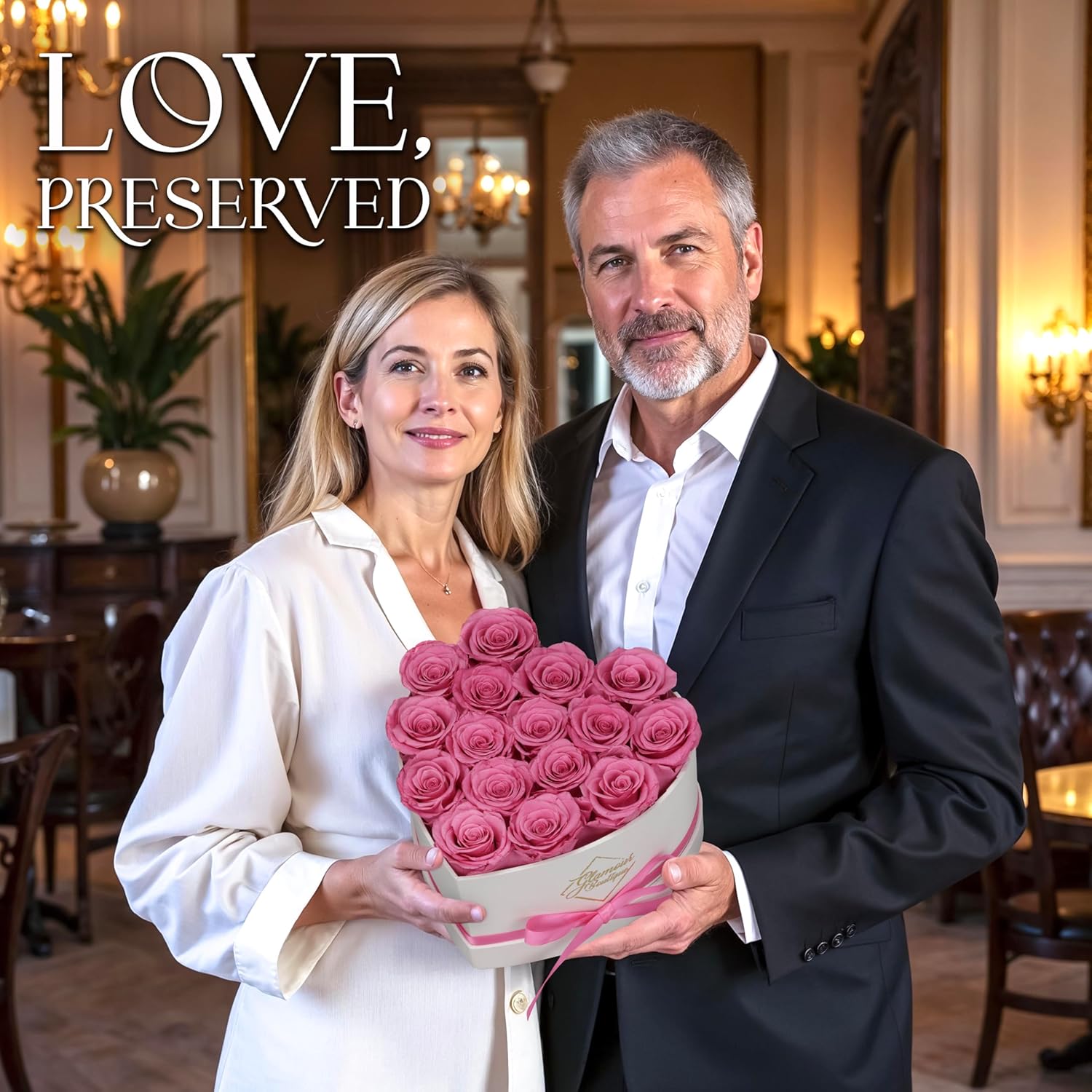 GLAMOUR BOUTIQUE Preserved Roses in a Box - Gifts for Her, Wife & Mom, Rose Flowers Forever Decor for Birthday Gift, Get Well Flower Bouquet Cased in White Box with Cover - Pink - 16 (Color-Treated) - Image 5