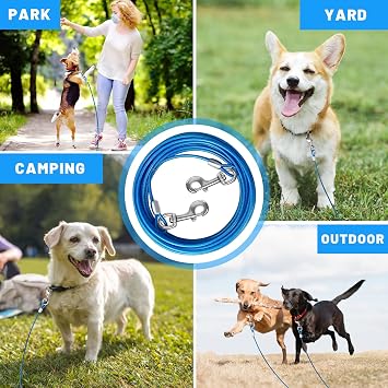 Dog Tie Out Cable, Dog Runner Cable | 10/15/20/25/30/50 FT Steel Cable with Sturdy Clips, Suitable for Yard Outdoor Use, Holds Large Dogs up to 165 Lbs
