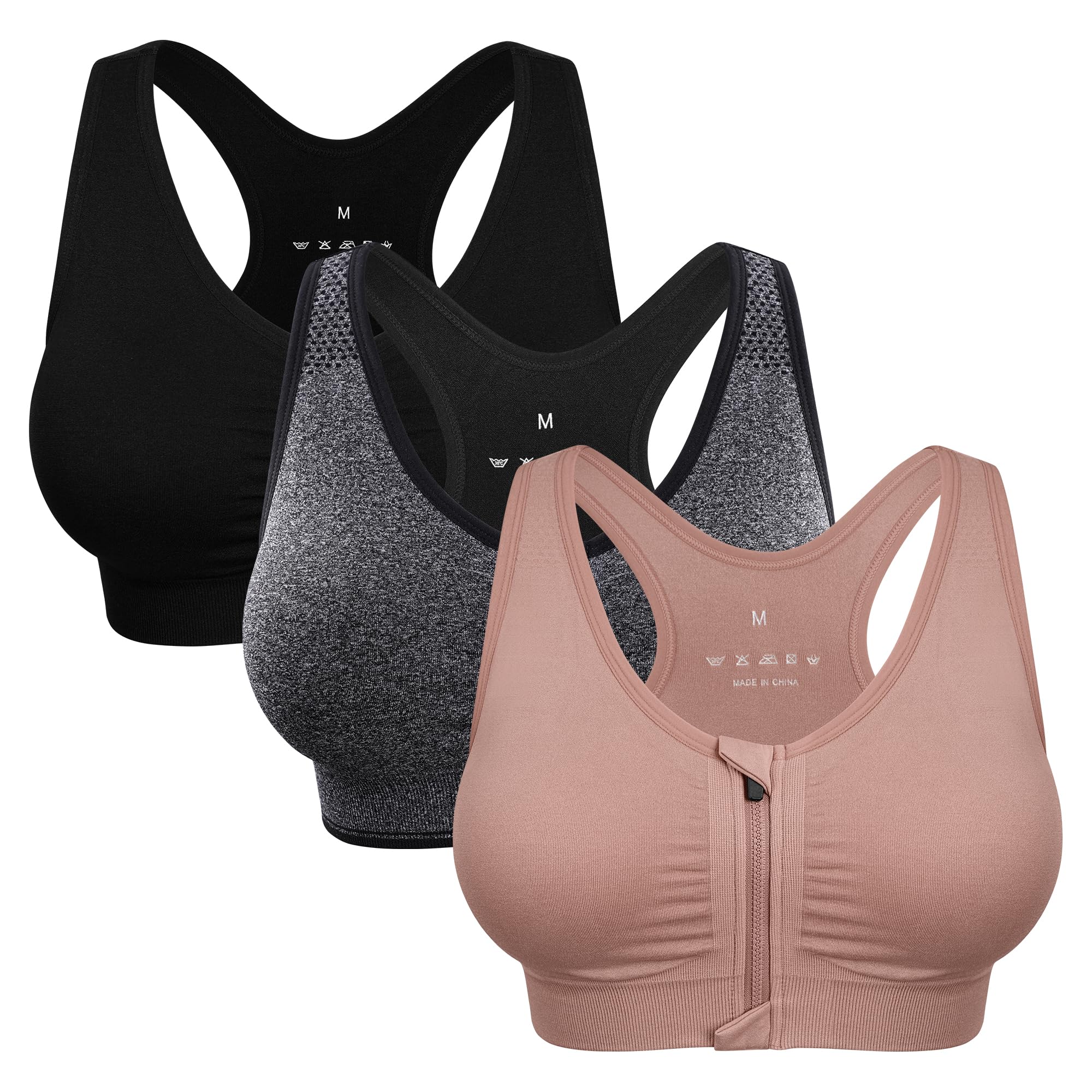 Women's Zip Front Sports Bra Wireless Post-Surgery Bra Active Yoga Sports Bras