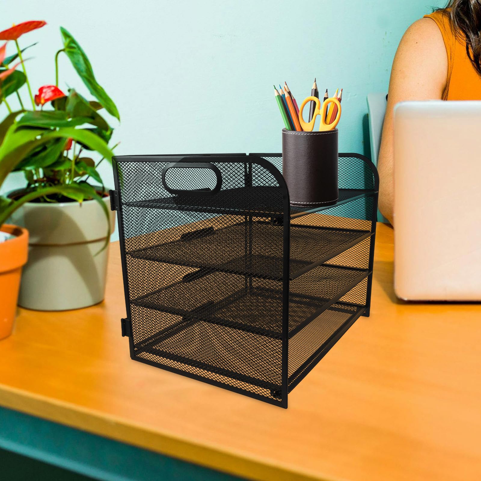 Organizer Documenti in Acciaio al Carbonio Nero a Quattro Livelli con Maniglia per Organizzatori Desktop e Ripiani per Scuola e Ufficio
