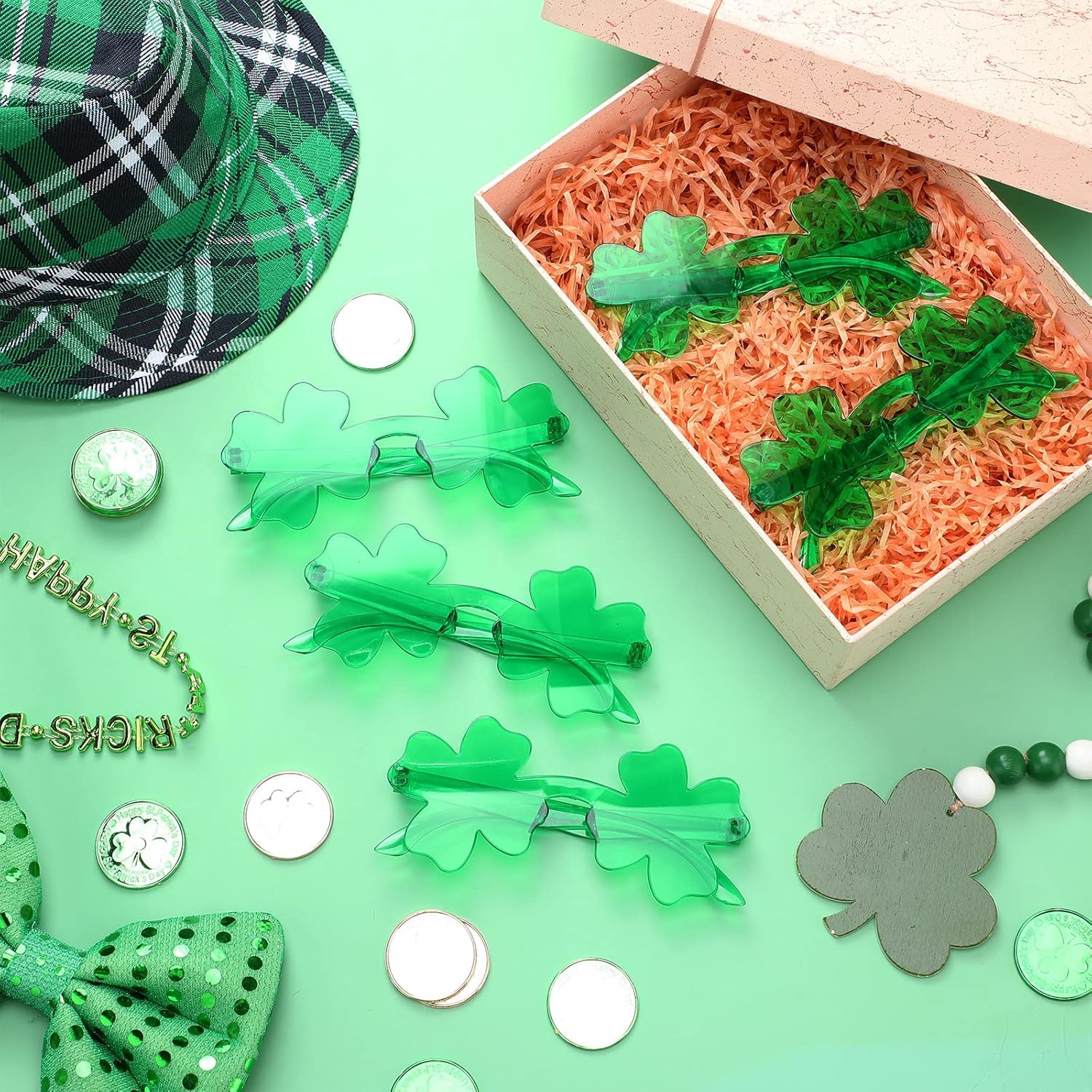 Yilloog 50 Pairs St Patricks Day Accessories Irish Shamrock Glasses Green Clover Design Lucky Plastic Glasses for Women Men Party Props Decorations Favor