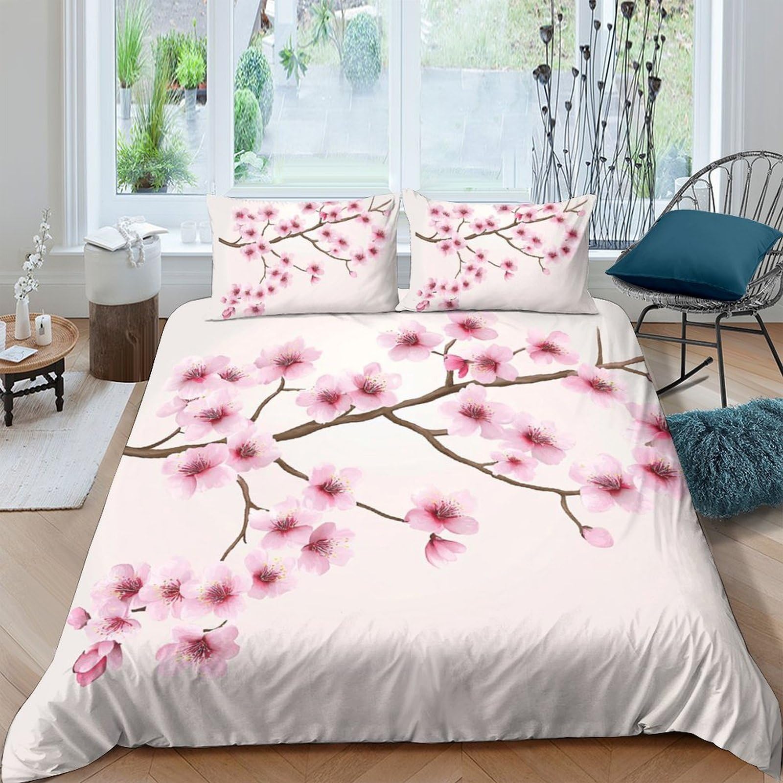 Ctjqhvkz Style-4 3D Printed Cherry Blossom Fitted Sheet Microfiber Soft Pink Floral Bed Cover For Bedroom Guest Room Decor Single（135X200cm）