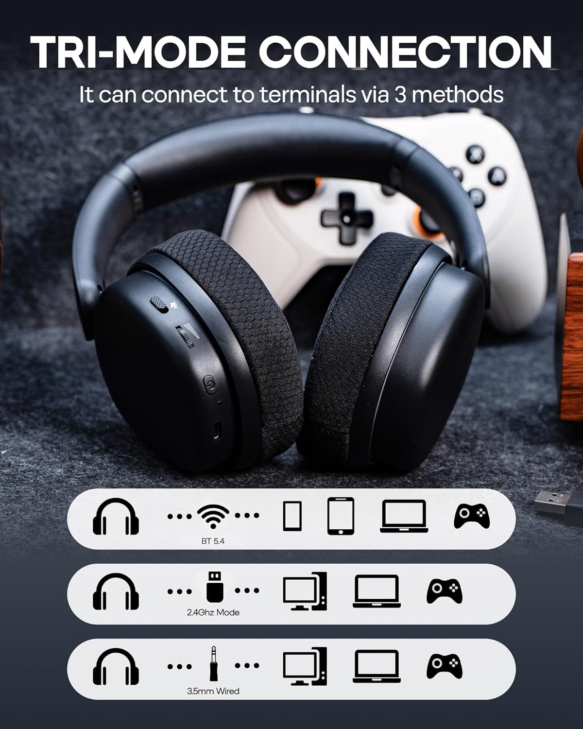 EPOMAKER X Aula G7 Pro Wireless Gaming Headset, Dual Mode BT5.3 & 2.4GHz, 7.1 Surround Sound, 80+ Hour Battery, RGB Light, with Noise Canceling Mic for PS5, PS4, Switch, PC (Black) - Image 8