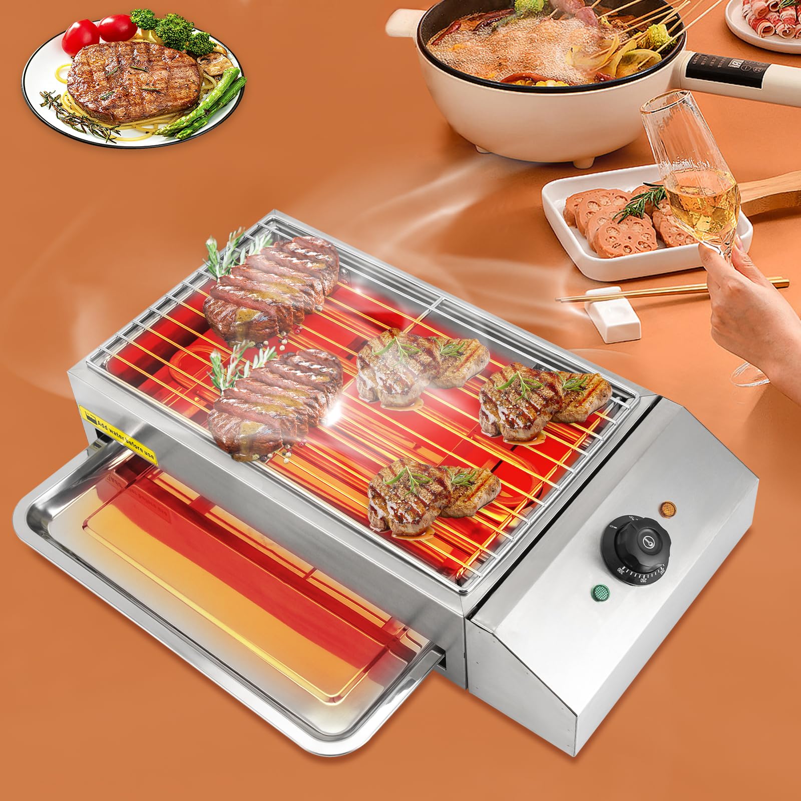 Grill elektryczny ze stali nierdzewnej 260 W, z tacką na tłuszcz i miską do pieczenia, regulacja temperatury w zakresie 50-300°C, na piknik, do parku i balkonu
