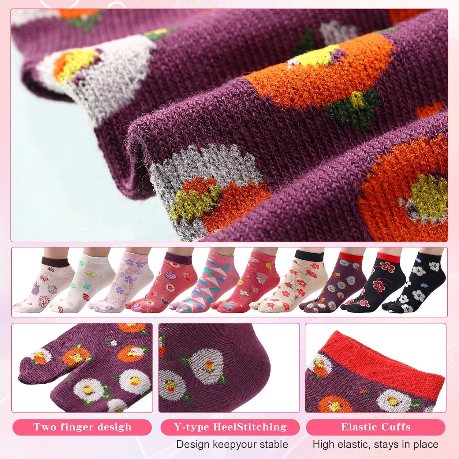 JaGely 10 Pairs Women's Tabi Flip Flop Socks Athletic Cotton Two Toe Split Toe Sandal Socks for Women Casual Sandals, 10 Styles - Image 5