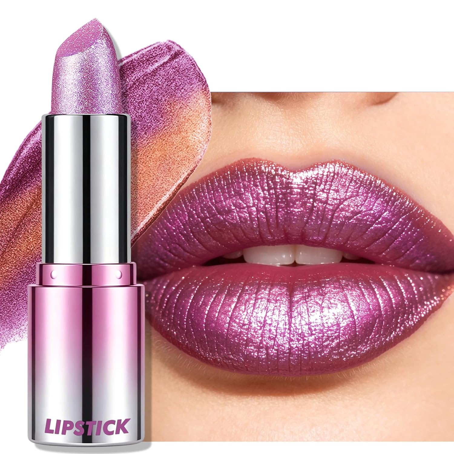 Purple Mauve Glitter Lipstick Makeup, Holographic Metallic Shine