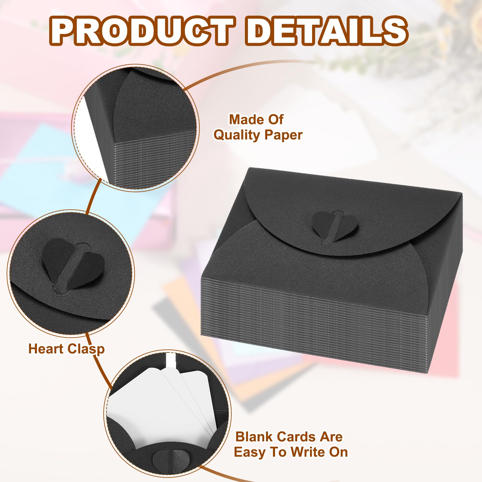 PATIKIL 50 Set Mini Buste Con Chiusura A Cuore 4.1x3" Biglietti Bianchi Con Buste Per Regali Inviti Matrimonio Laurea Vacanze Ringraziamento Natale Nero