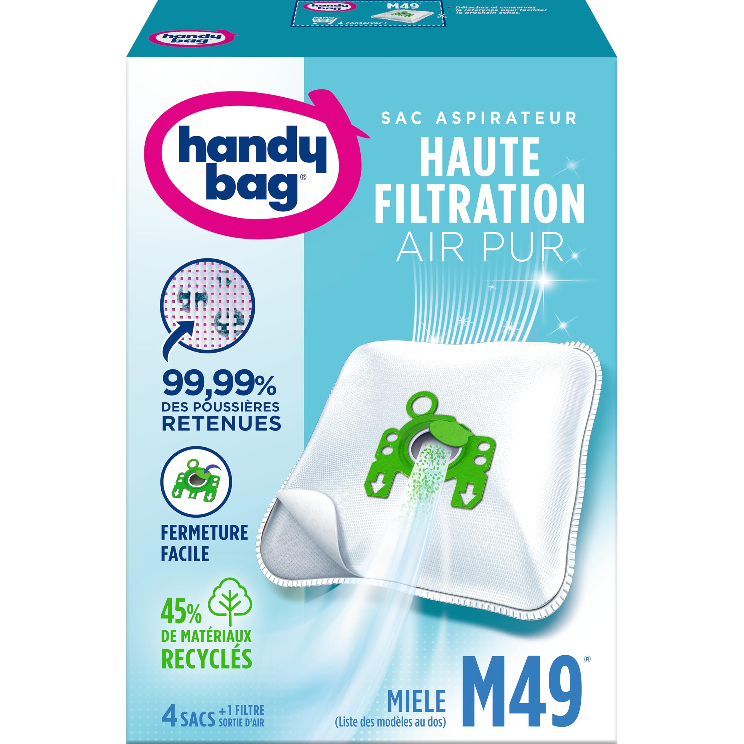 Handy Bag - Sacs aspirateur M49 x4sacs - Compatibles Miele, Hoover - 99,​99% des poussières retenues - Fermeture facile - Filtre anti-​allergène - 45% de matériaux recyclés, Blanc
