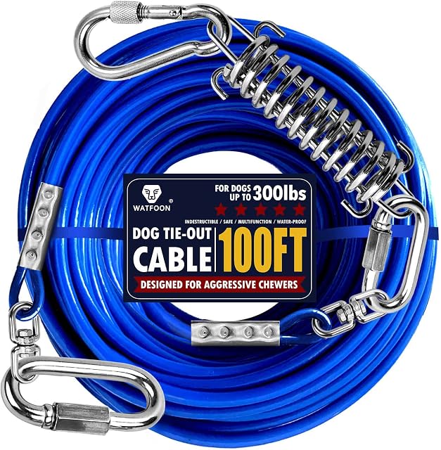 WATFOON Dog Tie Out Cable with Spring, Heavy Duty Dog Runner for Yard Camping Traning, 100ft Dog Chains Run Leash for Outside, 15ft 25ft 50ft 65ft 75ft Steel Dog Tie Out Lead for Dogs Up to 300lbs