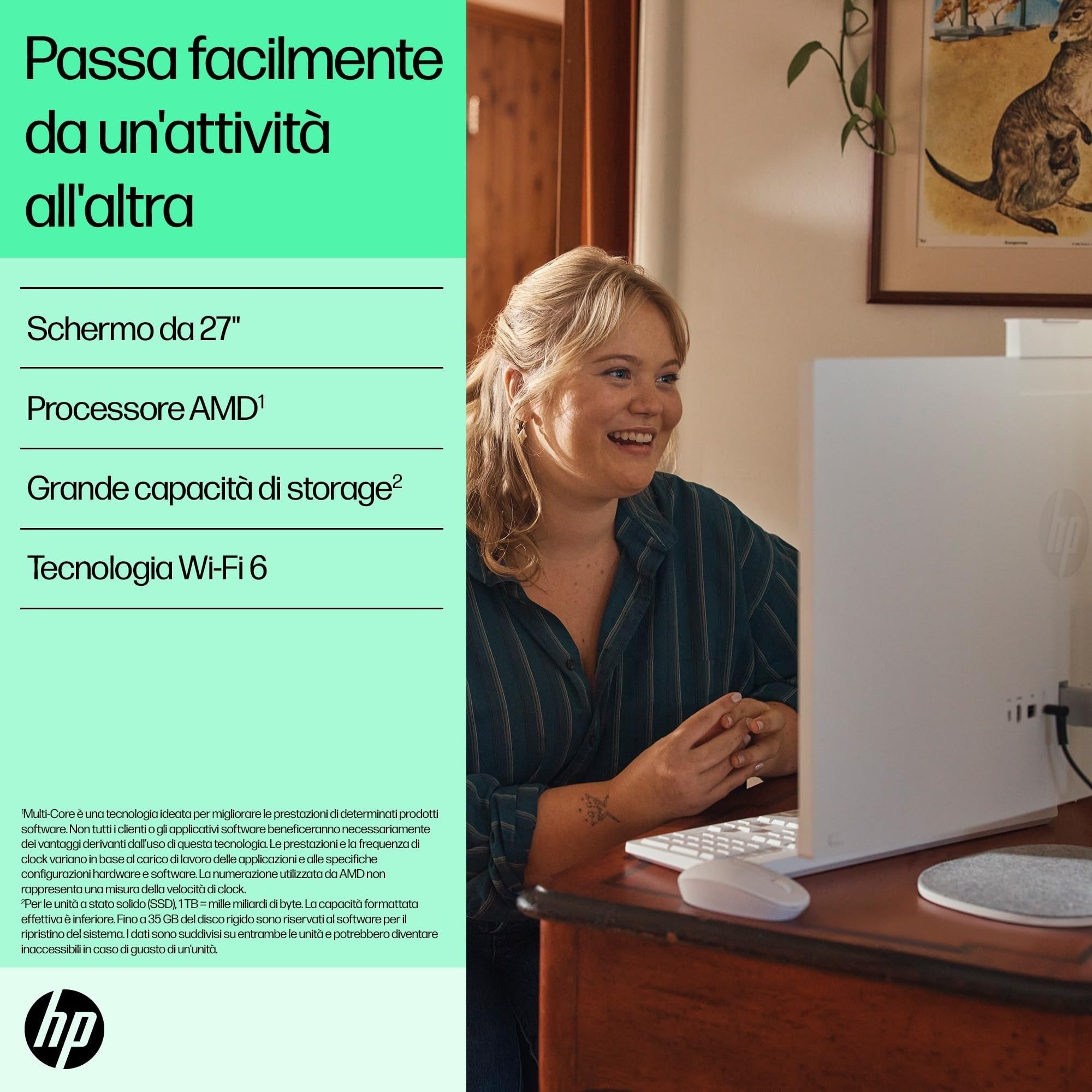 HP 27-cr0007sl All-in-One, Desktop, AMD RYZEN 7 7730U, 16GB RAM DDR4, 512GB SSD NVMe, AMD Radeon Integrata, Display da 27" FHD IPS, Audio Integrato da 2W, Webcam, Windows 11, Non è Touch, Bianco