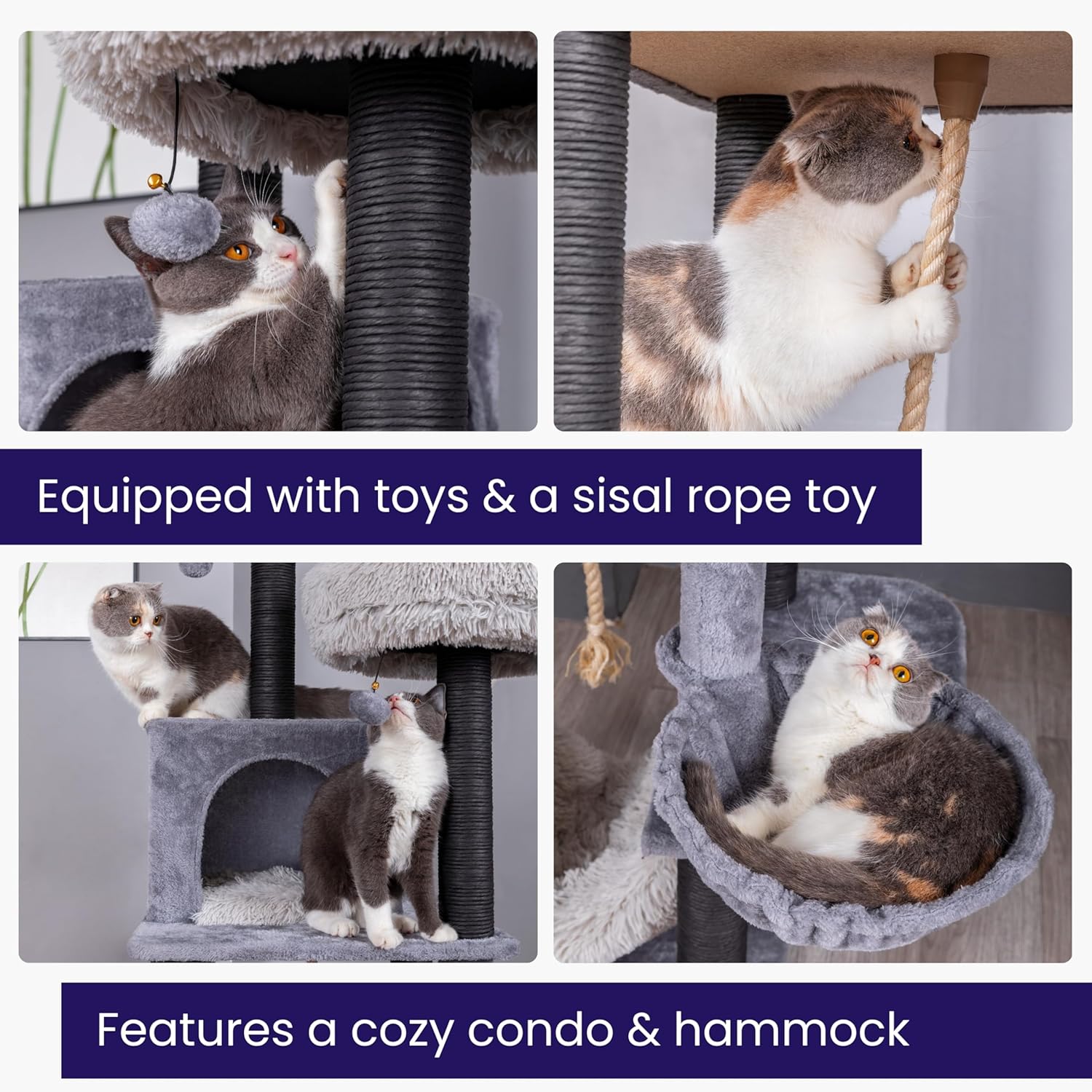 Cats playing with toys and resting in the condo and hammock of the cat tree