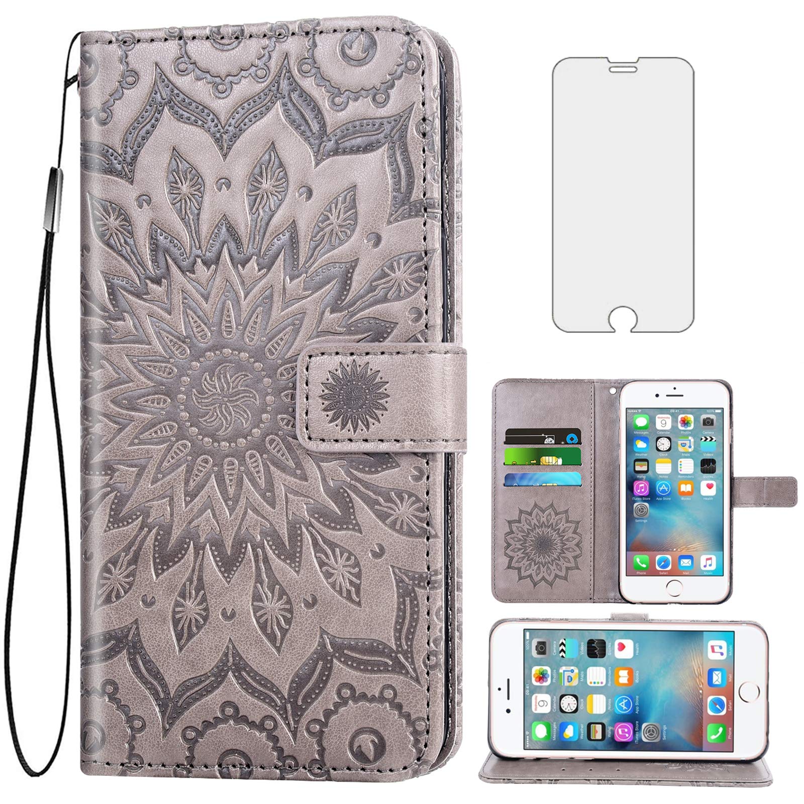 Phone Case for iPhone 6plus 6splus 6/6s Plus Wallet Cases with Tempered Glass Screen Protector and Flip Cover Card Holder Stand Cell Accessories iPhone6 6+ iPhone6s 6s+ i 6P 6a S Six iPhone6splus Gray