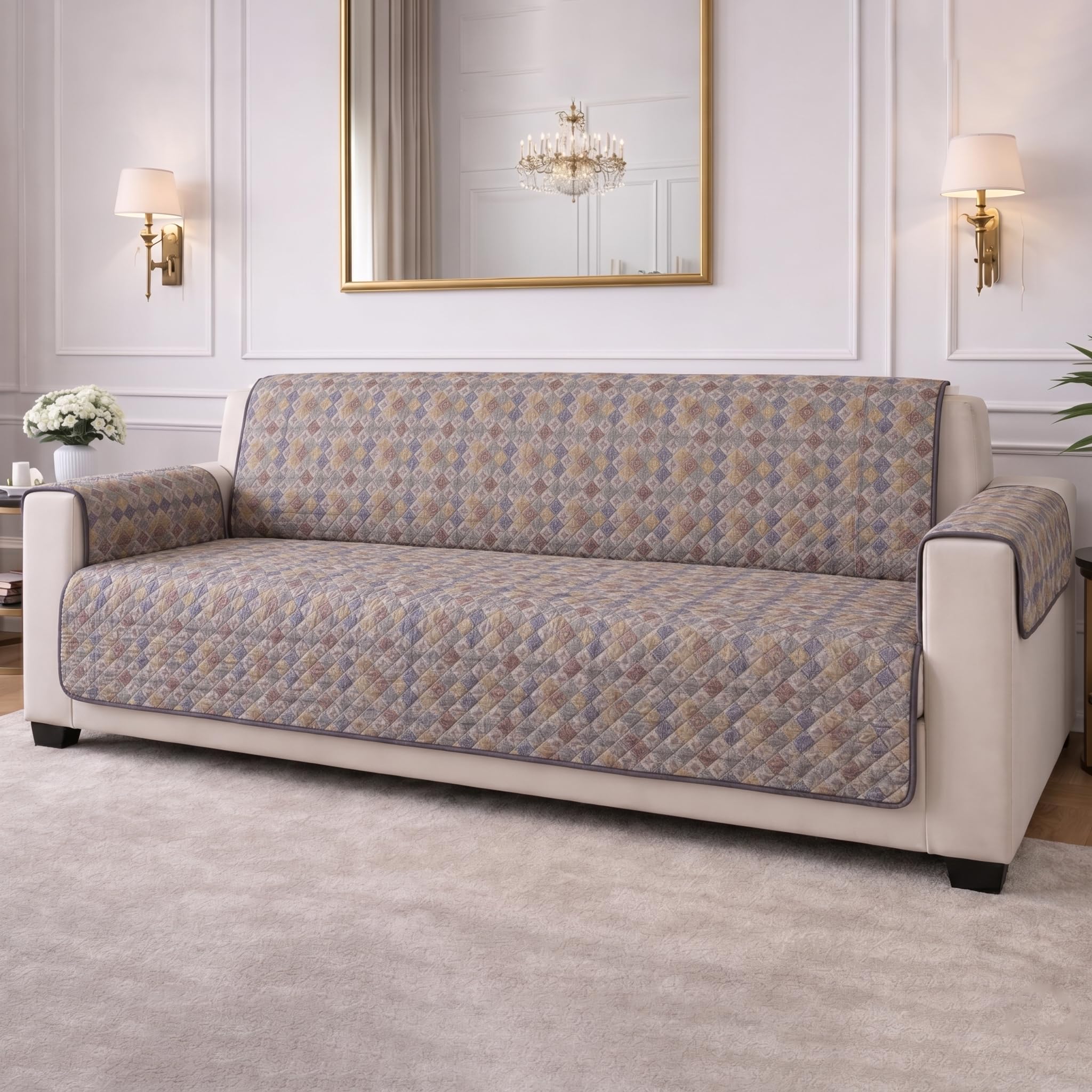 STITCHNEST 'CloudFeel Series' Quilted Printed Velvet Sofa Cover for 3 Seater | Premium Soft Velvet Sofa Protector | Multicolor Diamond Geometric Design with Armrest Pockets | Furniture Cover