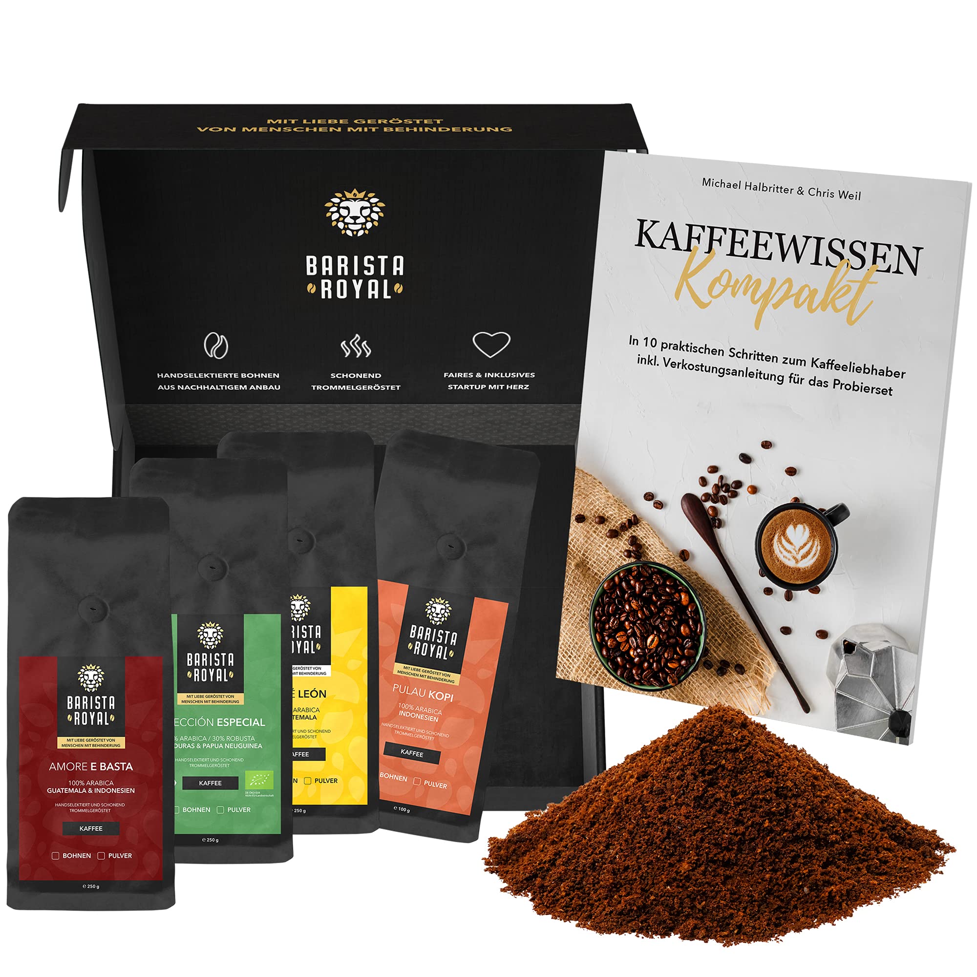 Prezent kawowy w zestawie próbnym z przewodnikiem | Prezent kawowy dla panów i pań | Palona z miłością przez osoby niepełnosprawne | | 4x250g kawy mielonej