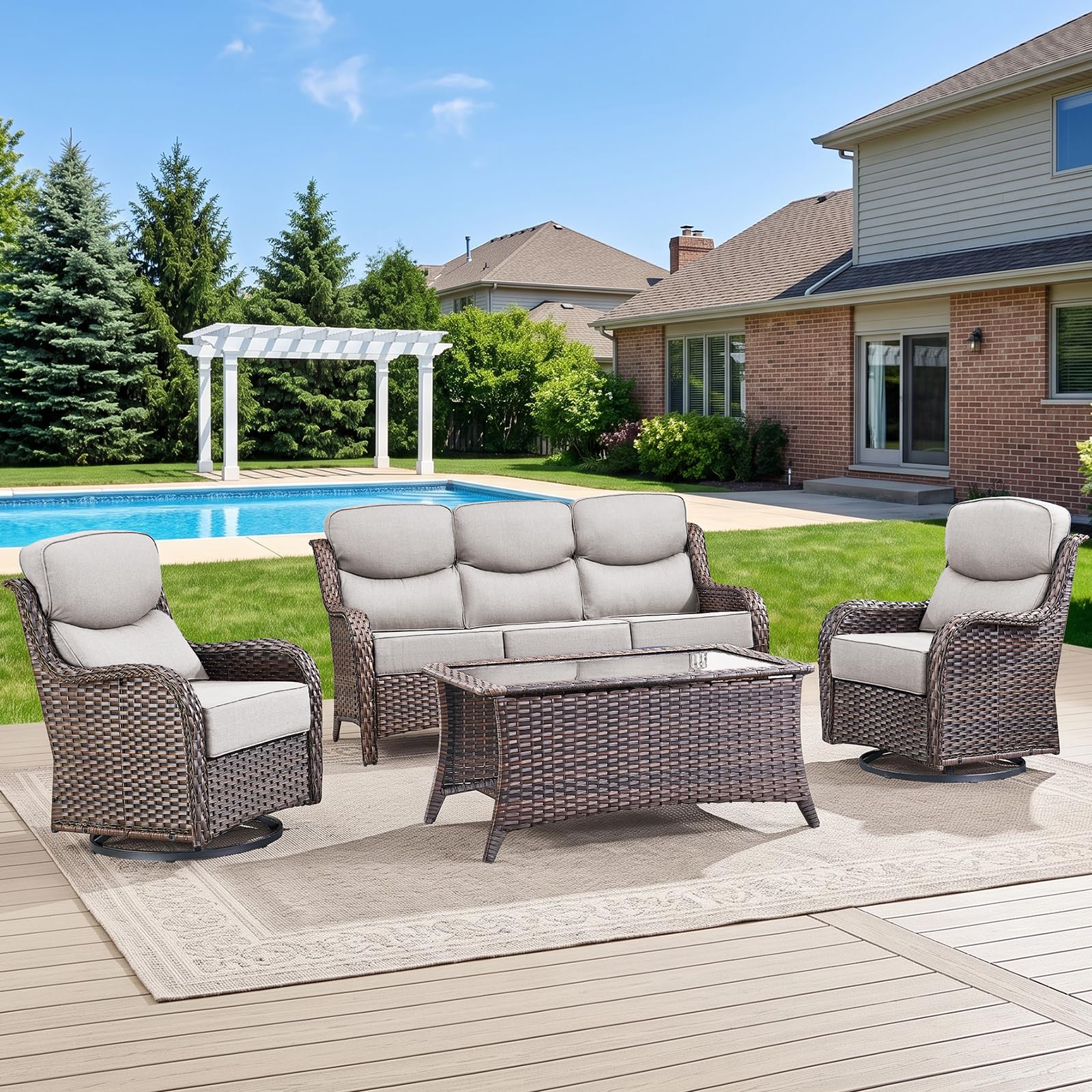 Swivel Patio Chairs sofa Set of 4 with 6" Thick Cushion - Wicker Outdoor Swivel Rocker Patio Chair ,Sofa/Glass coffee table, High Back Comfortable Outdoor Glider Chairs - Brown Wicker | Beige Cushions