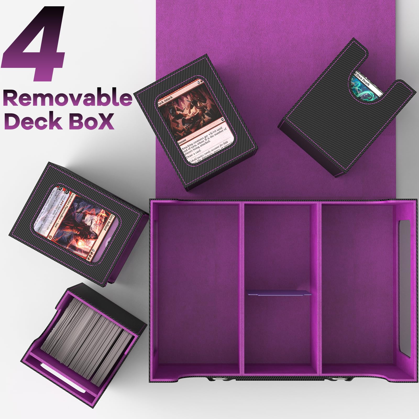 Scatola per carte MTG con display Commander, scatola per carte 4 in 1, adatta a oltre 400 carte a doppia tasca, scatola portaoggetti rimovibile per TCG, 4 porta carte magnetiche, 4 divisori (nero e