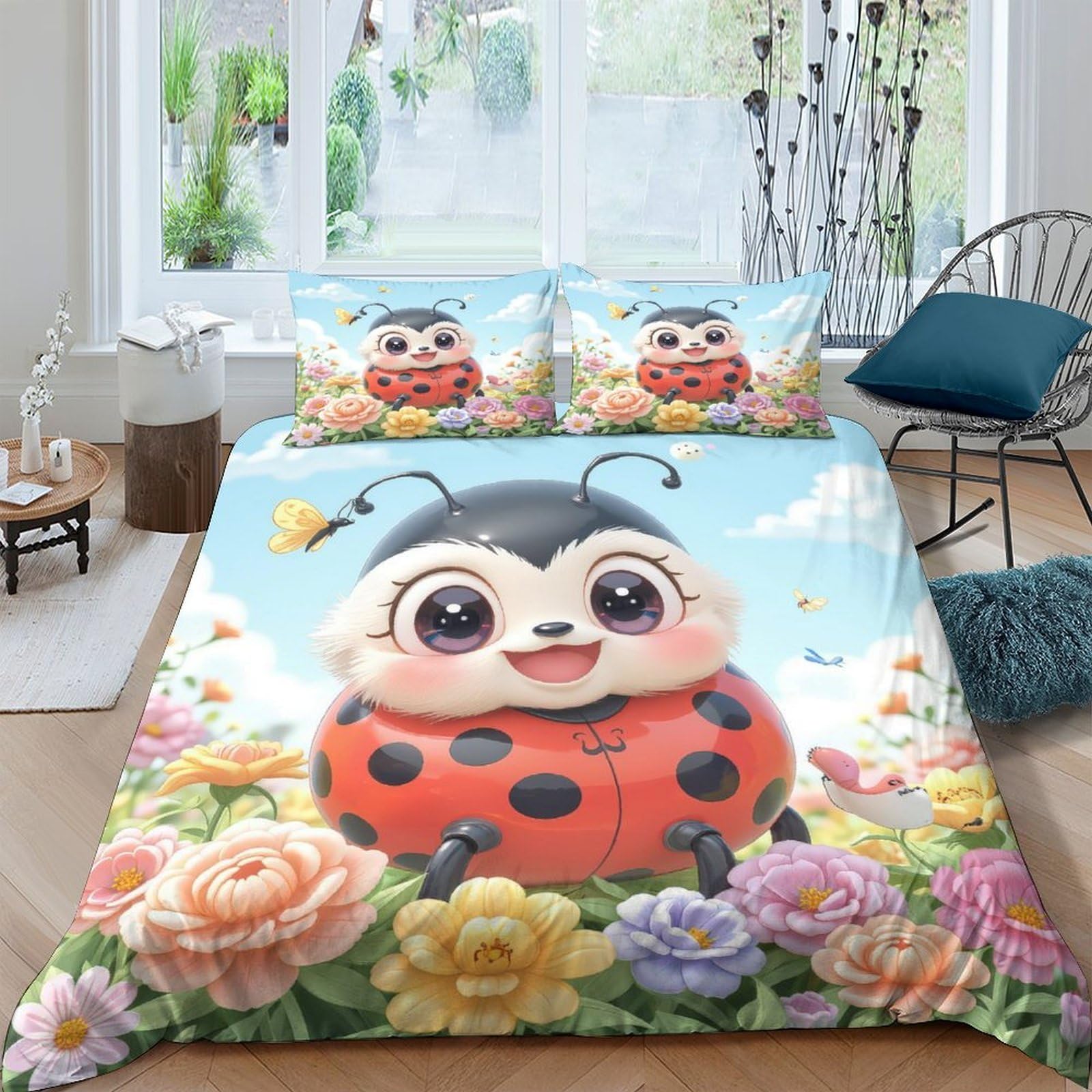 Ctjqhvkz Style-10 3D Printed Cute Ladybug Fitted Sheet Microfiber Soft Floral Bed Cover For Bedroom Guest Room Dorm Mattress Decor Single（135X200cm）