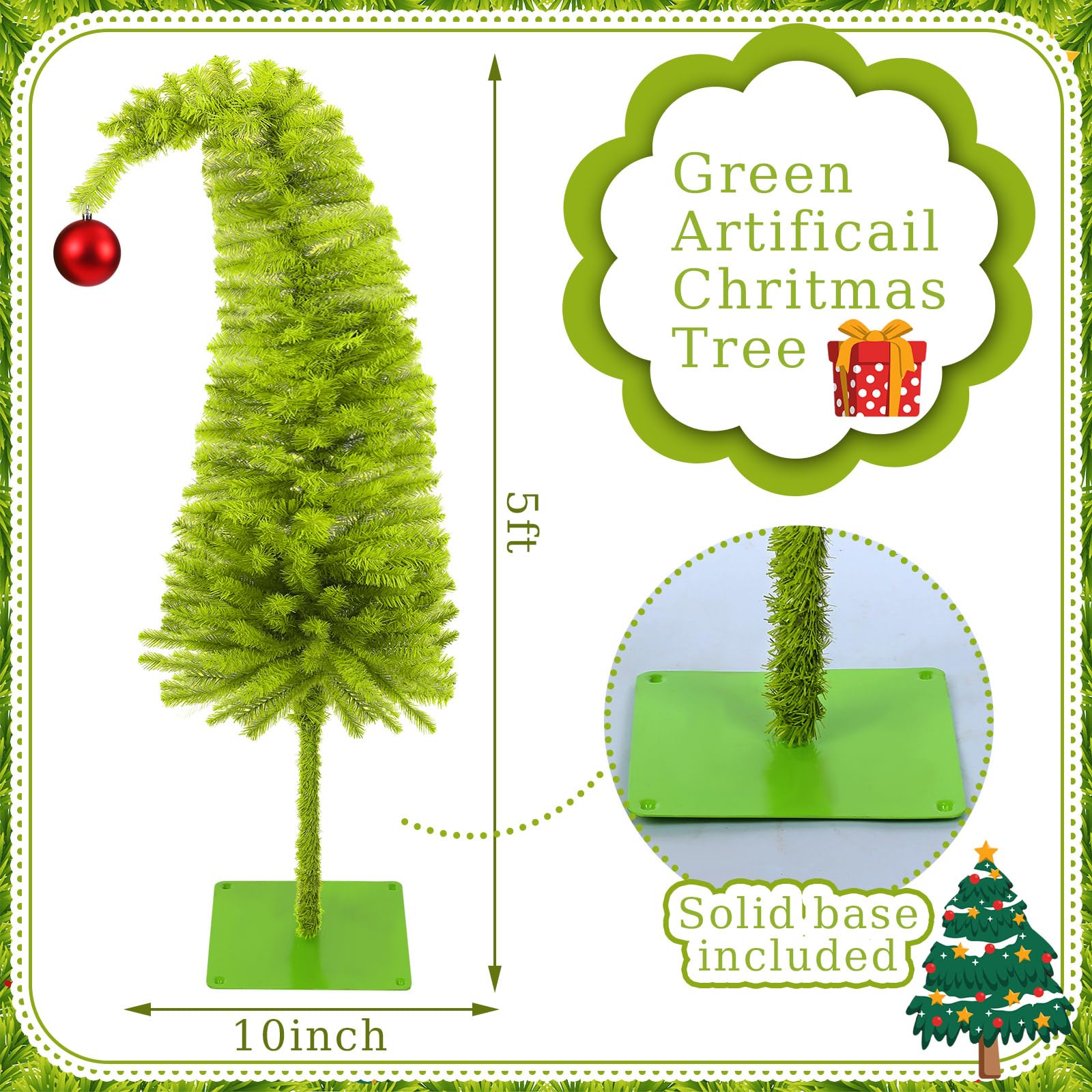 Motionchic Lime Green Christmas Tree July Christmas Decoration Whimsical Curved Plastic Tree with Red Ball Top Artificial Xmas Tabletop Home Cloth Bag Base Wrapped for Indoor Desktop Decorating(5 FT)
