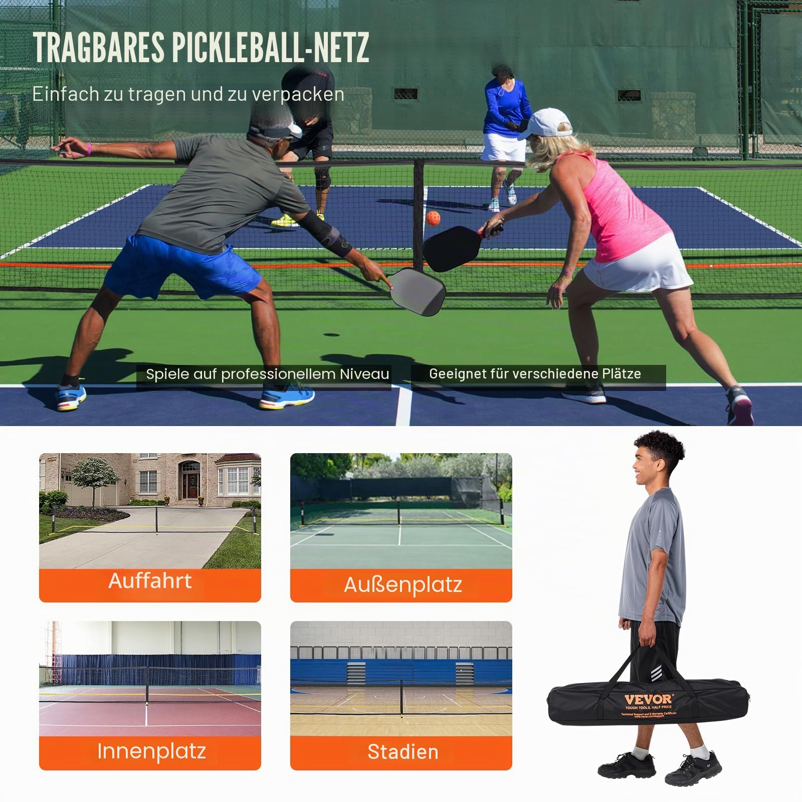 VEVOR Pickleball-Netz-Set, tragbares Pickleball-System in regulärer Größe mit Taschen, Bällen, Paddeln, Rädern und Spielfeldlinien, wetterbeständigem Metallrahmen und PE-Netz, für die Einfahrt im Hint