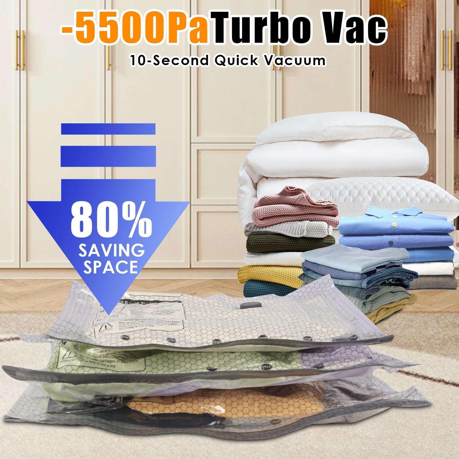 Vakuumbeutel für Reisen, mit wiederaufladbarer schnurloser Pumpe, Vakuumbeutel für Kleidung mit Handpumpe, tragbar, platzsparend, für Kleidung, Kompressionsverpackung für Gepäck, Bettwäsche, 18 Stück