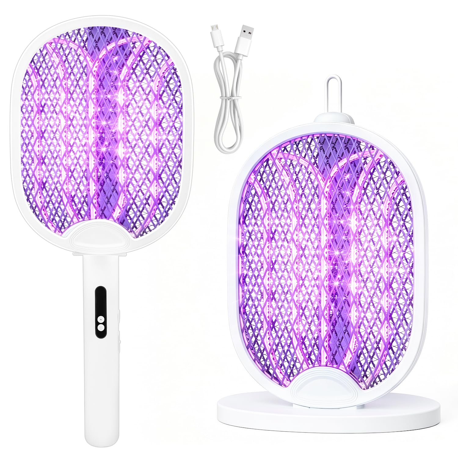 4-in-1 Upgraded Portable Electric Fly Swatter【4000V Instant Mosquito Kill - 5-Layer Safety Grid】Fly Zapper【Light Trapping & UV Light】Foldable Electric Fly Zapper for Camping, Indoor & Outdoor