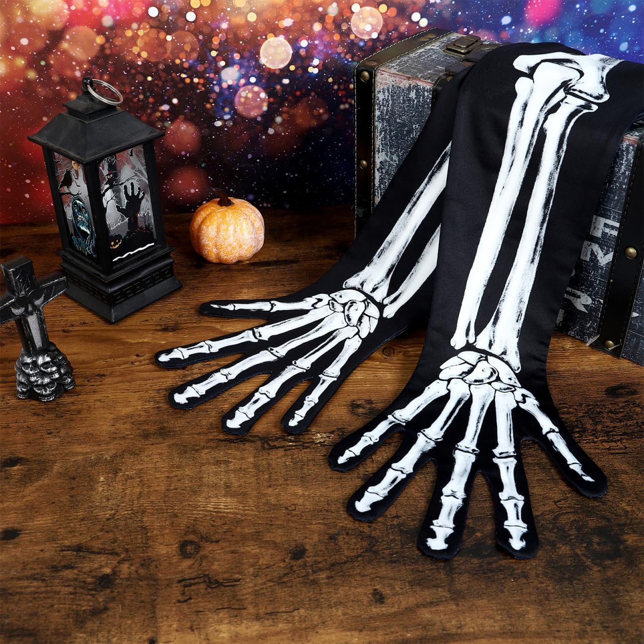 BESTOYARD Halloween Skeleton Gloves, Full Finger Skull Gloves for Cosplay, Costume Gothic Bone Accessories, Stretchy Full Finger Bone for Adults