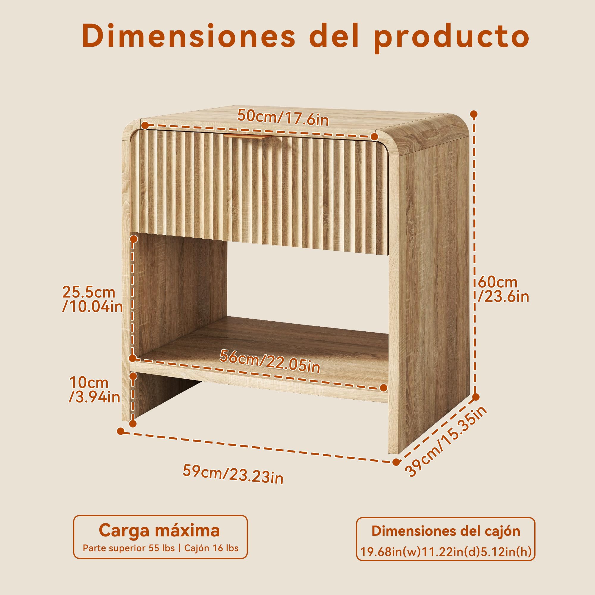 Mesita de Noche, Cajón y Borde Antideslizante, Color Madera
