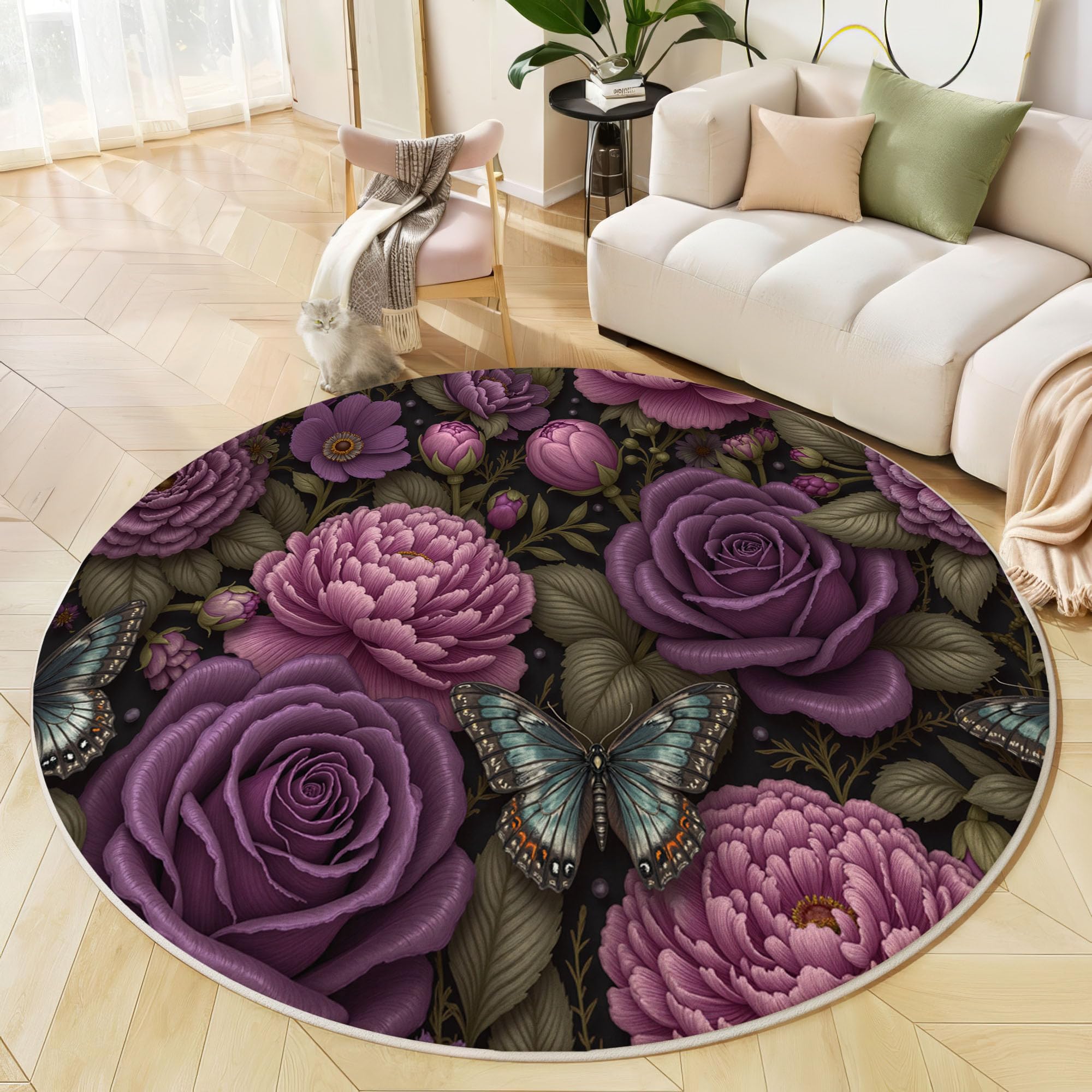 Tapis rond vintage violet 160 cm grand tapis plantes romantiques de salon