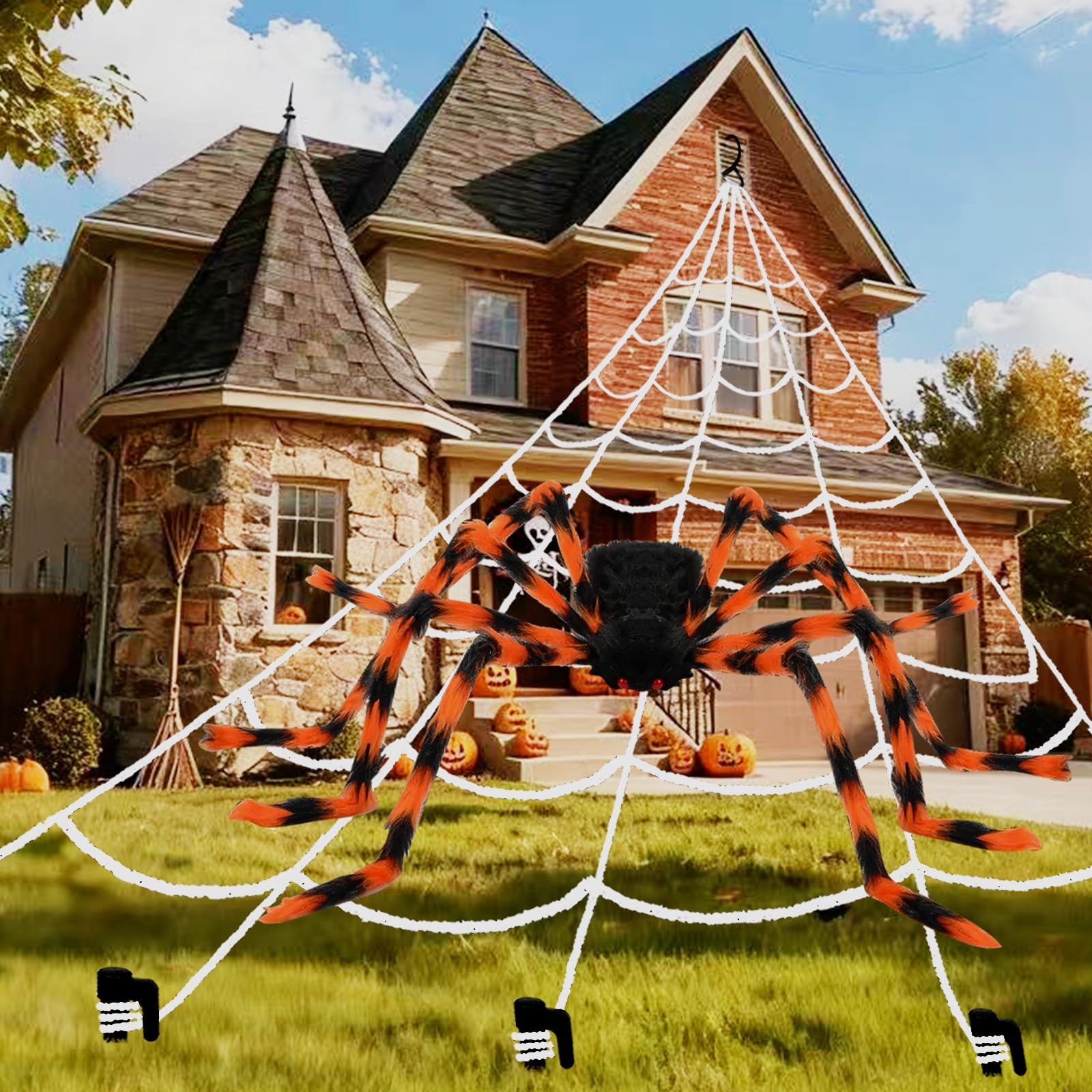 Puhpig Yellow+Black Spider 200" Halloween Spider Web + 59" Giant Spider Decorations, Triangular Huge Spiders Web And Hairy Scary Fake Spider, For Indoor Outdoor Porch Yard, Scary Haunted House Party, And Halloween Décor